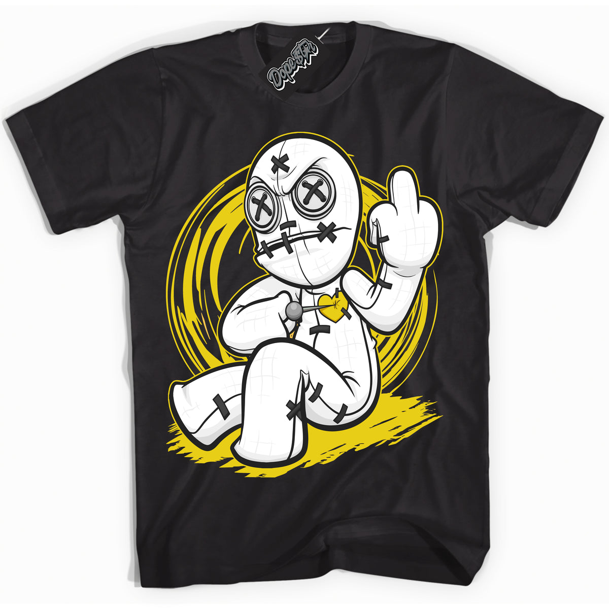 Cool Black Shirt with “ Voodoo Doll” design that perfectly matches Vivid Sulfur 4s Jordans.
