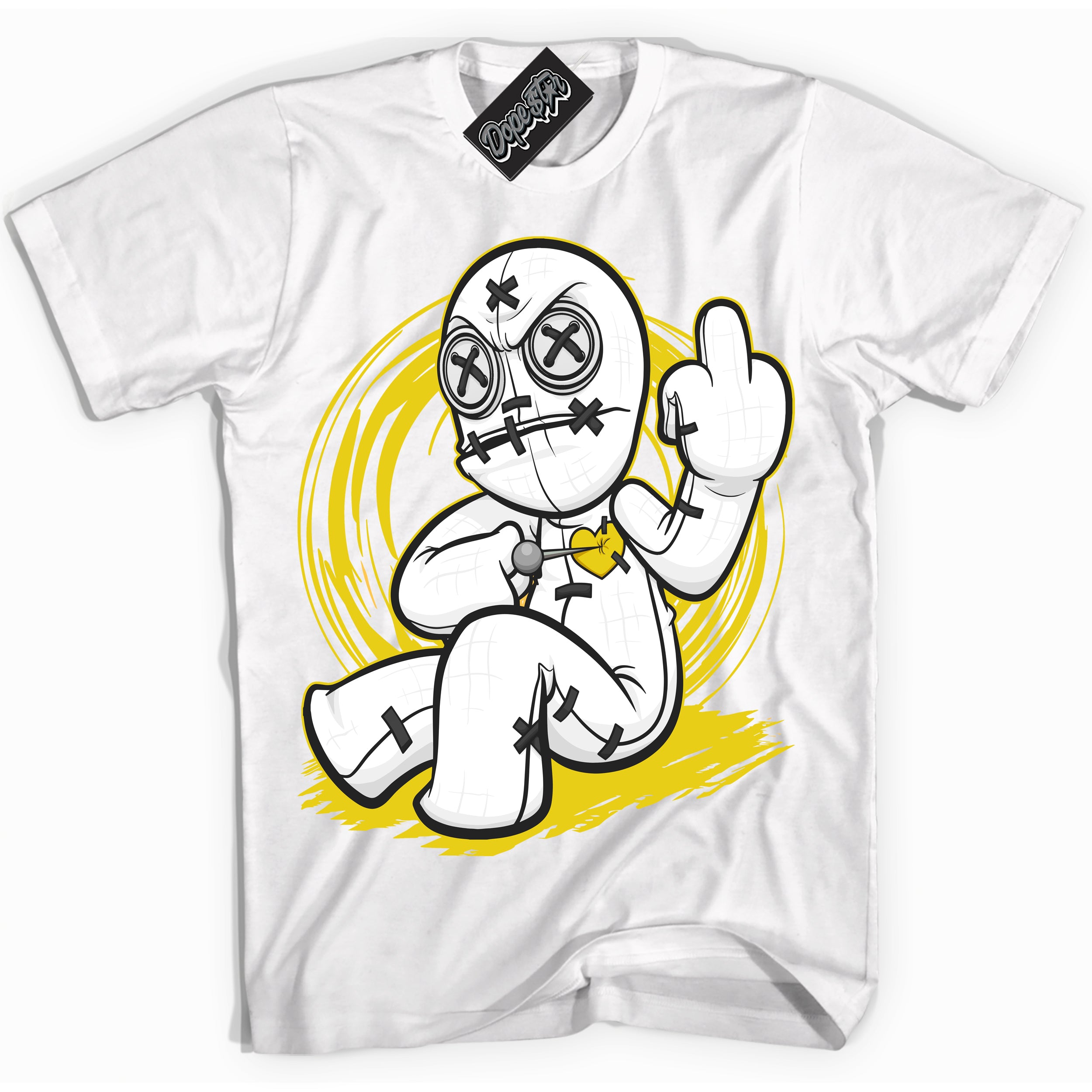 Cool White Shirt with “ Voodoo Doll” design that perfectly matches Vivid Sulfur 4s Jordans.
