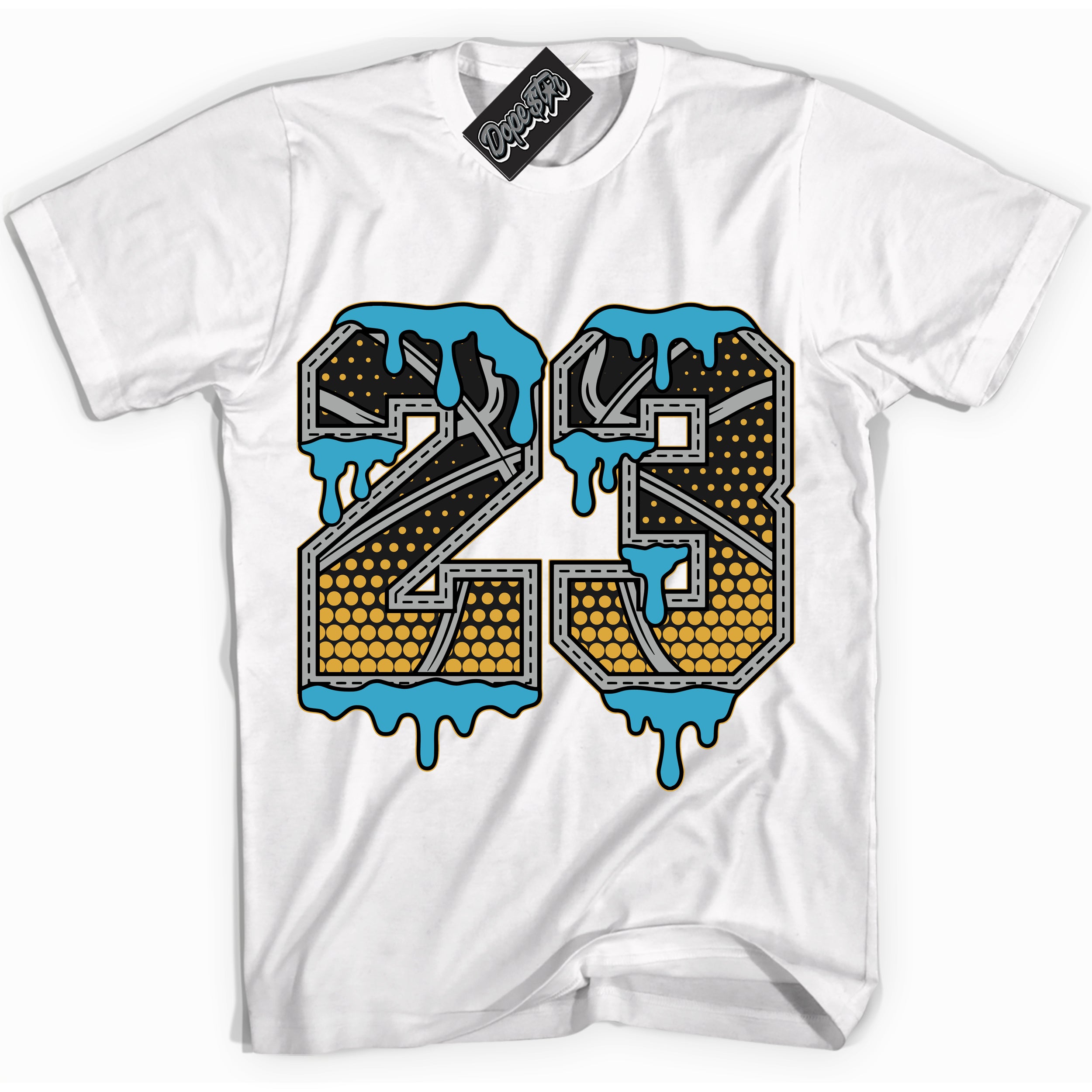 Cool White Shirt with “ 23 Ball” design that perfectly matches Aqua 5s Sneakers.