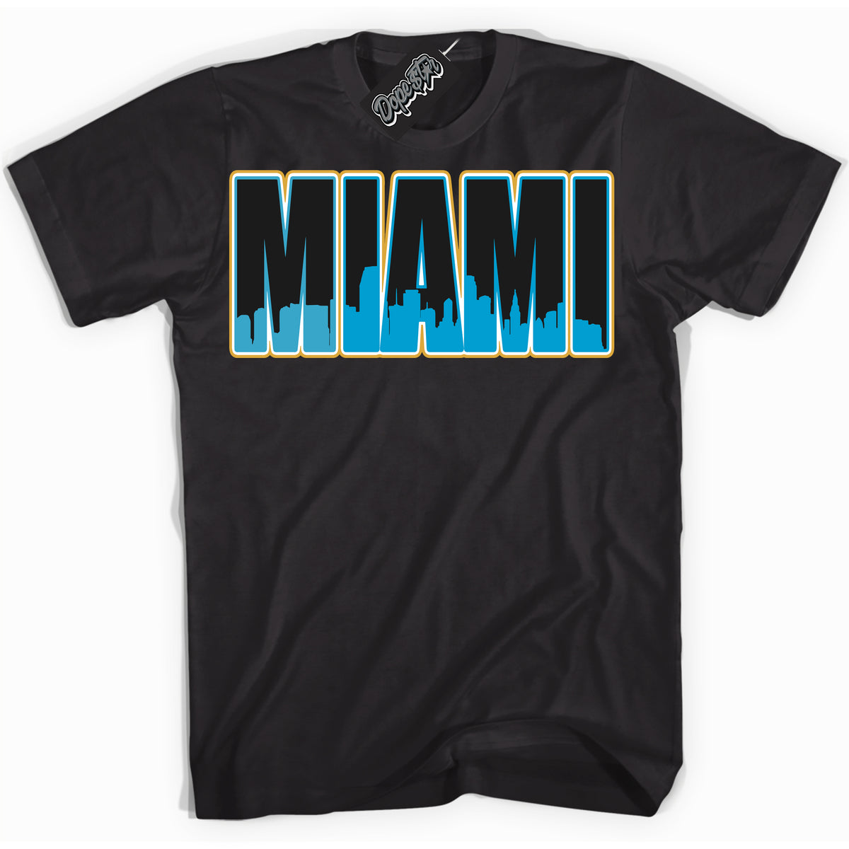 Cool Black Shirt with “ Miami” design that perfectly matches Aqua 5s Sneakers.
