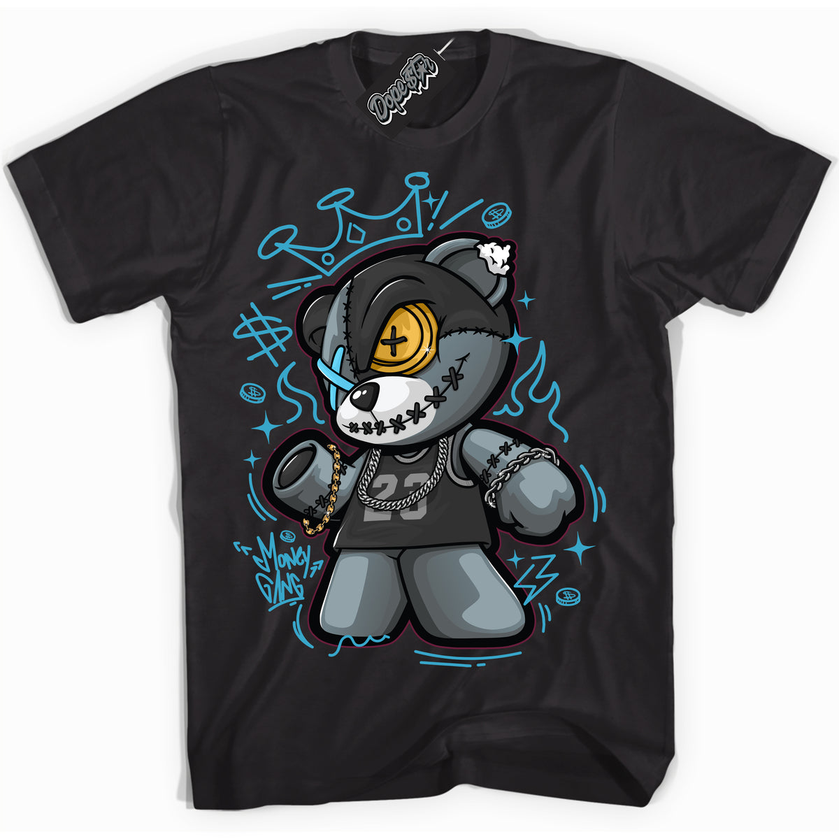 Cool Black Shirt with “ Money Gang Bear” design that perfectly matches Aqua 5s Sneakers.