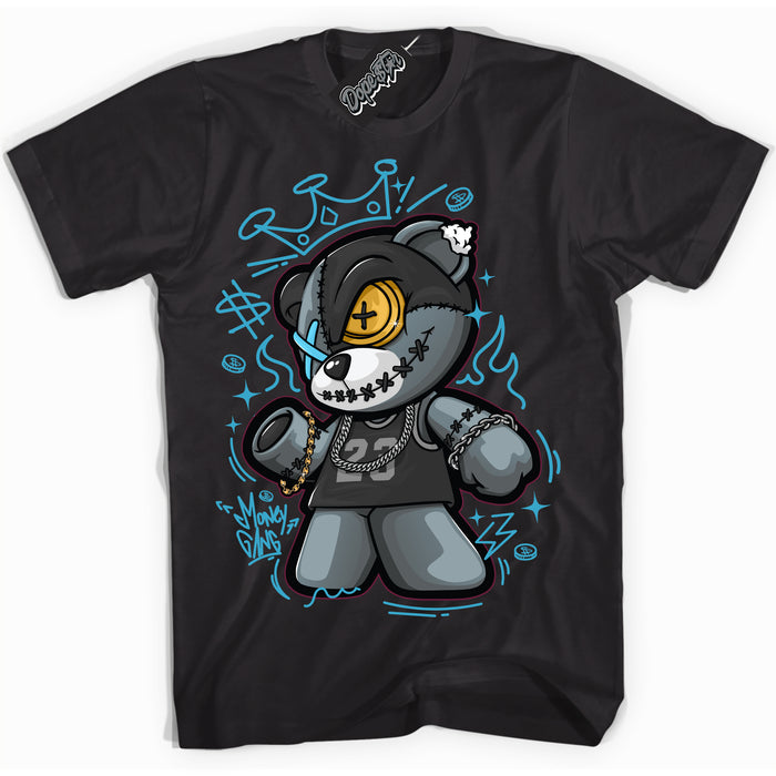 Cool Black Shirt with “ Money Gang Bear” design that perfectly matches Aqua 5s Sneakers.