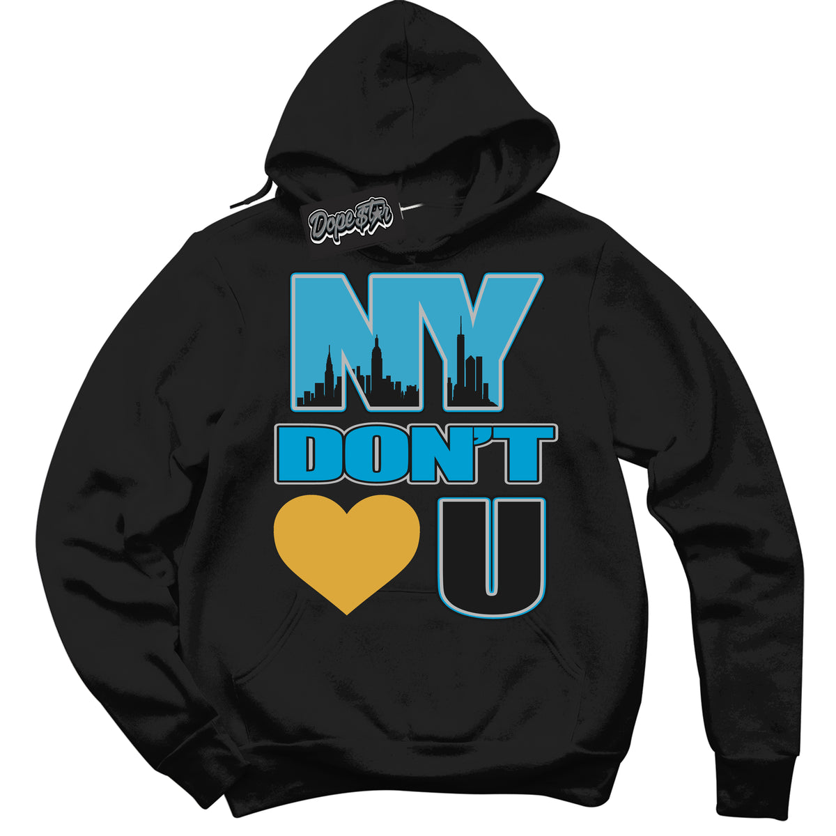 Cool Black Hoodie with “ NY Don't Love You ”  design that Perfectly Matches Aqua 5s Sneakers.
