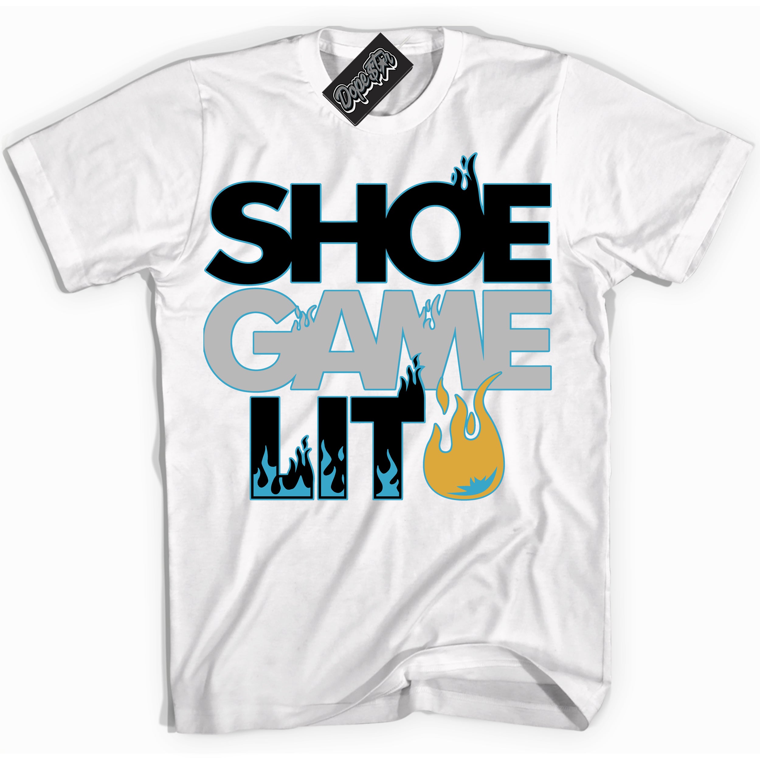 Cool White Shirt with “ Shoe Game Lit ” design that perfectly matches Aqua 5s Sneakers.