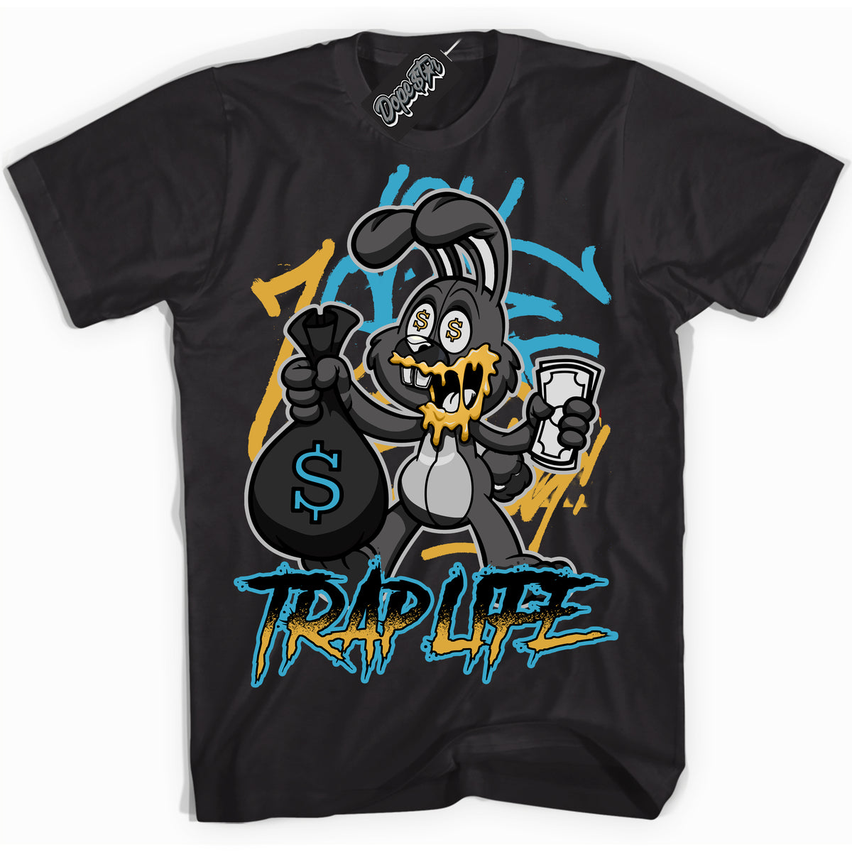 Cool Black Shirt with “ Trap Rabbit” design that perfectly matches Aqua 5s Sneakers.