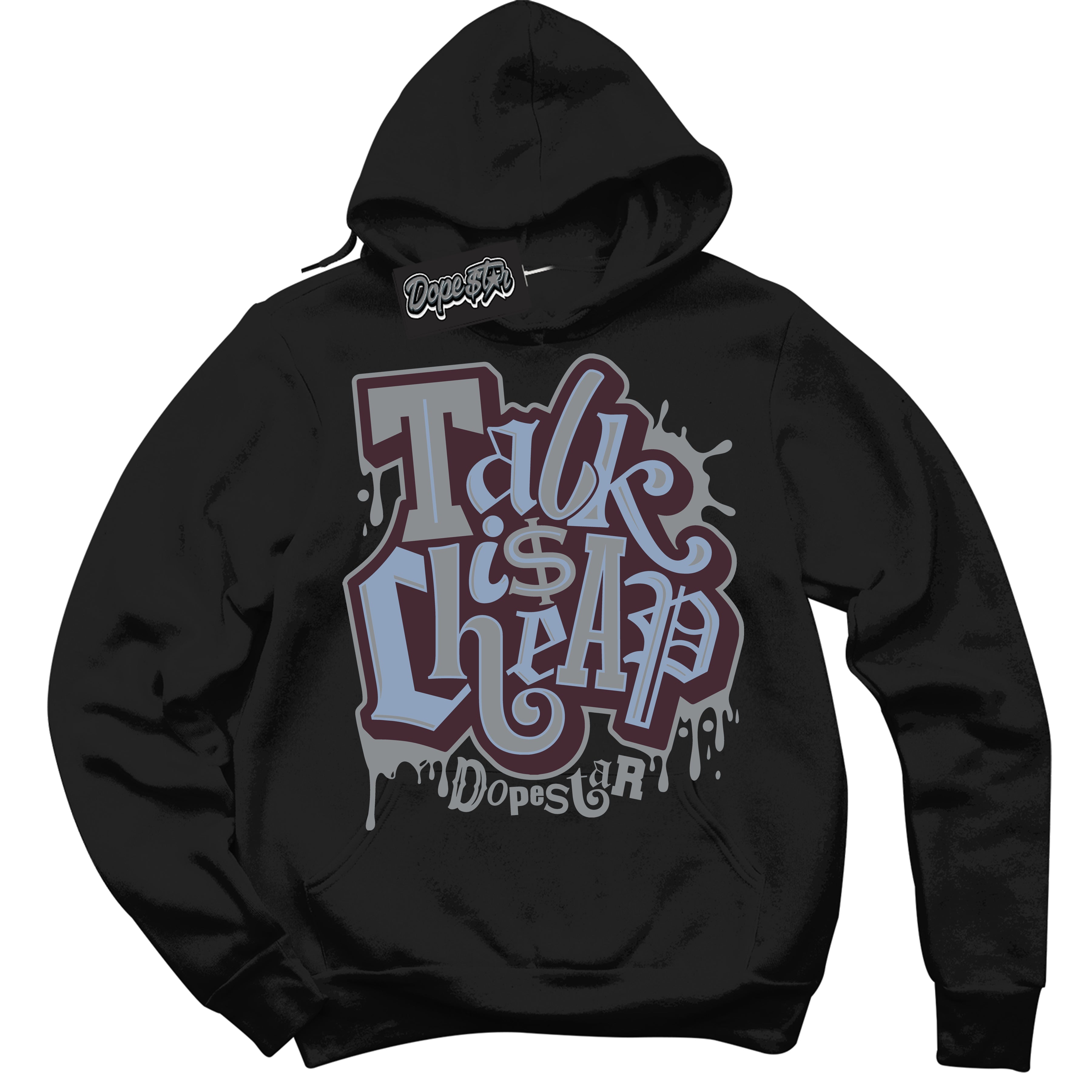 Cool Black Hoodie with “ Talk Is Cheap ”  design that Perfectly Matches Burgundy 5s Sneakers.