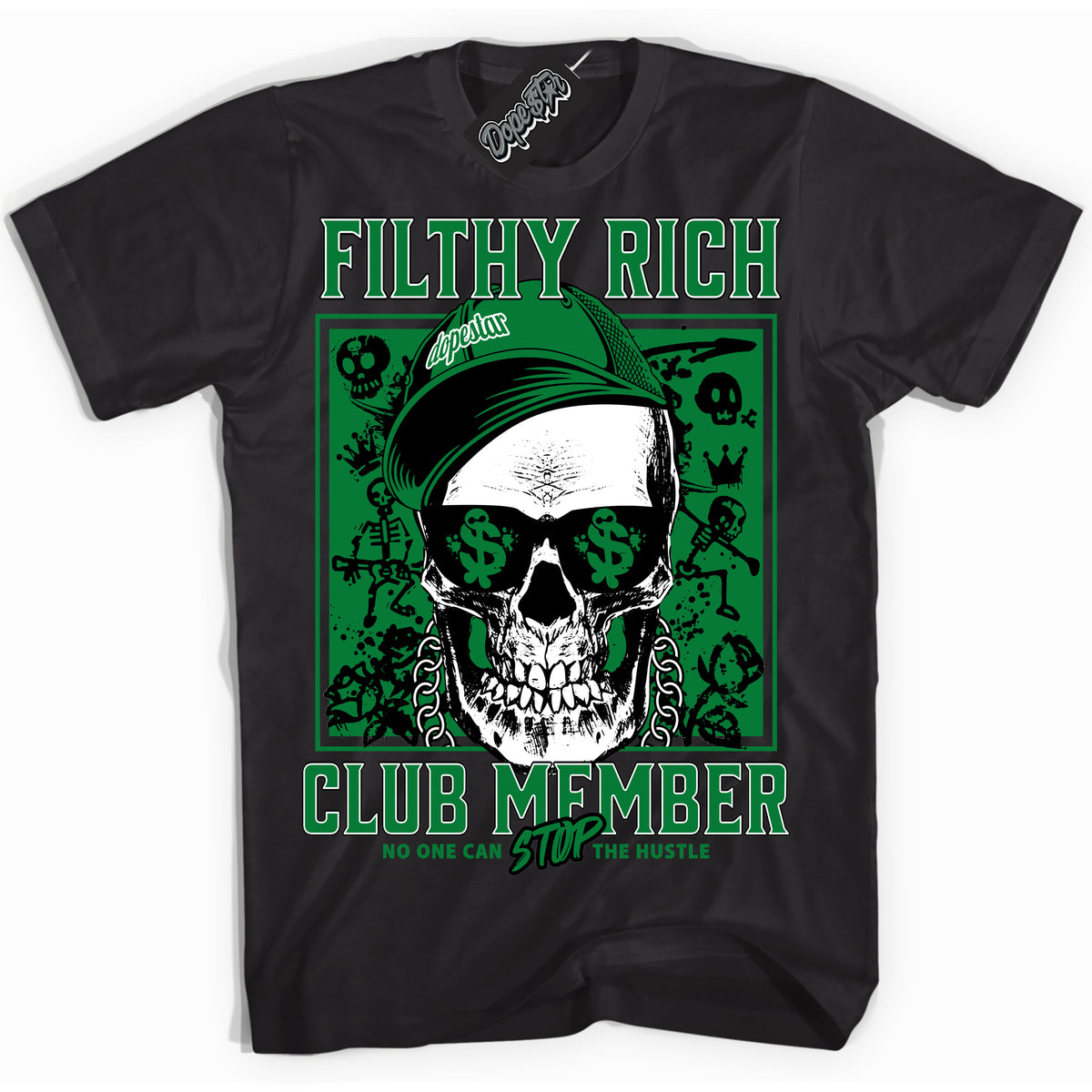 Cool Black Shirt with “ Filthy Rich” design that perfectly matches Lucky Green 5s Sneakers.