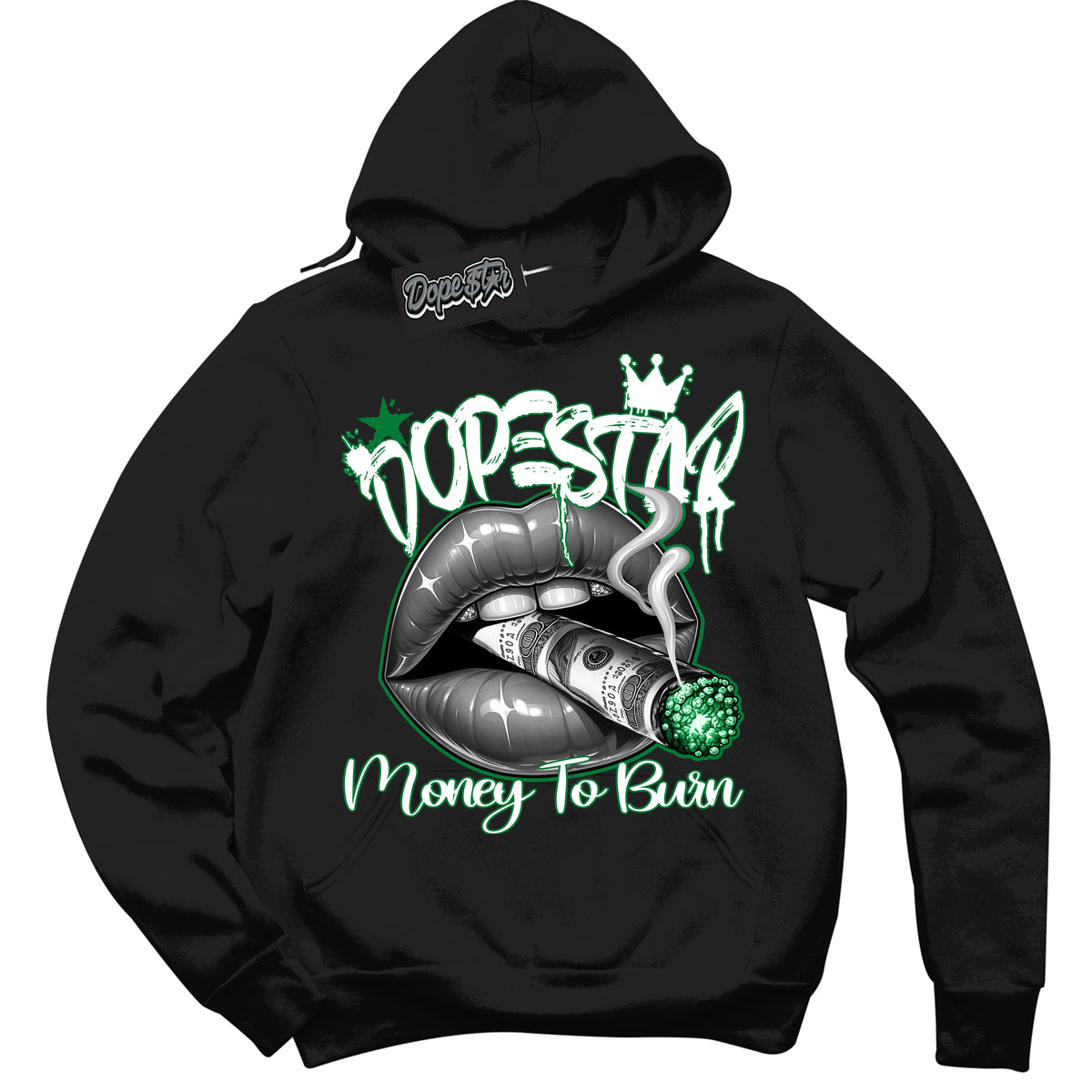 Cool Black Hoodie with “ Money To Burn ”  design that Perfectly Matches Lucky Green 5s Sneakers.