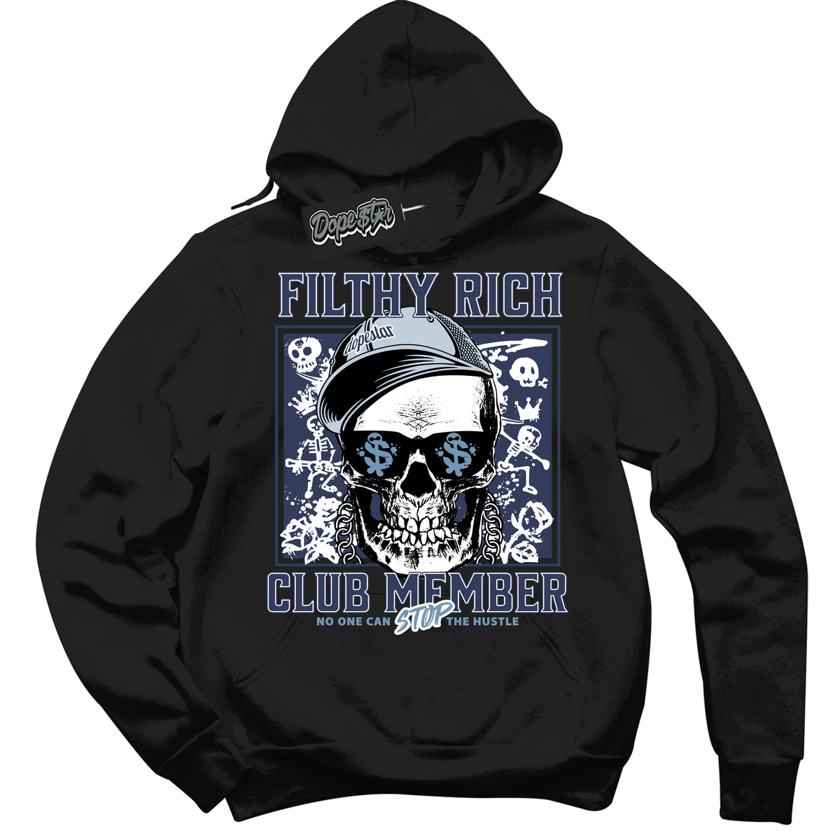 Cool Black Hoodie with “ Filthy Rich ”  design that Perfectly Matches Midnight Navy 5s Sneakers.
