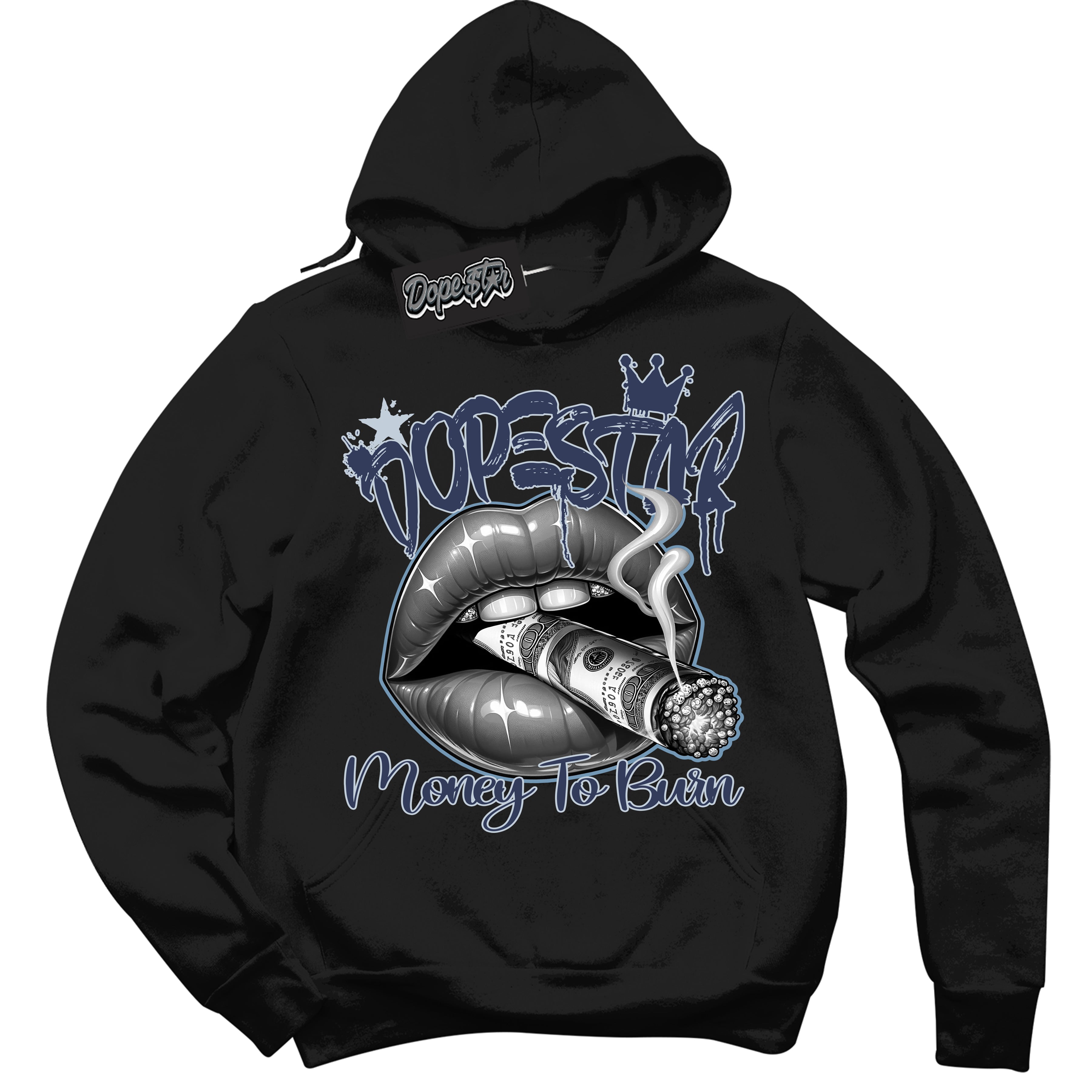 Cool Black Hoodie with “ Money To Burn ”  design that Perfectly Matches Midnight Navy 5s Sneakers.