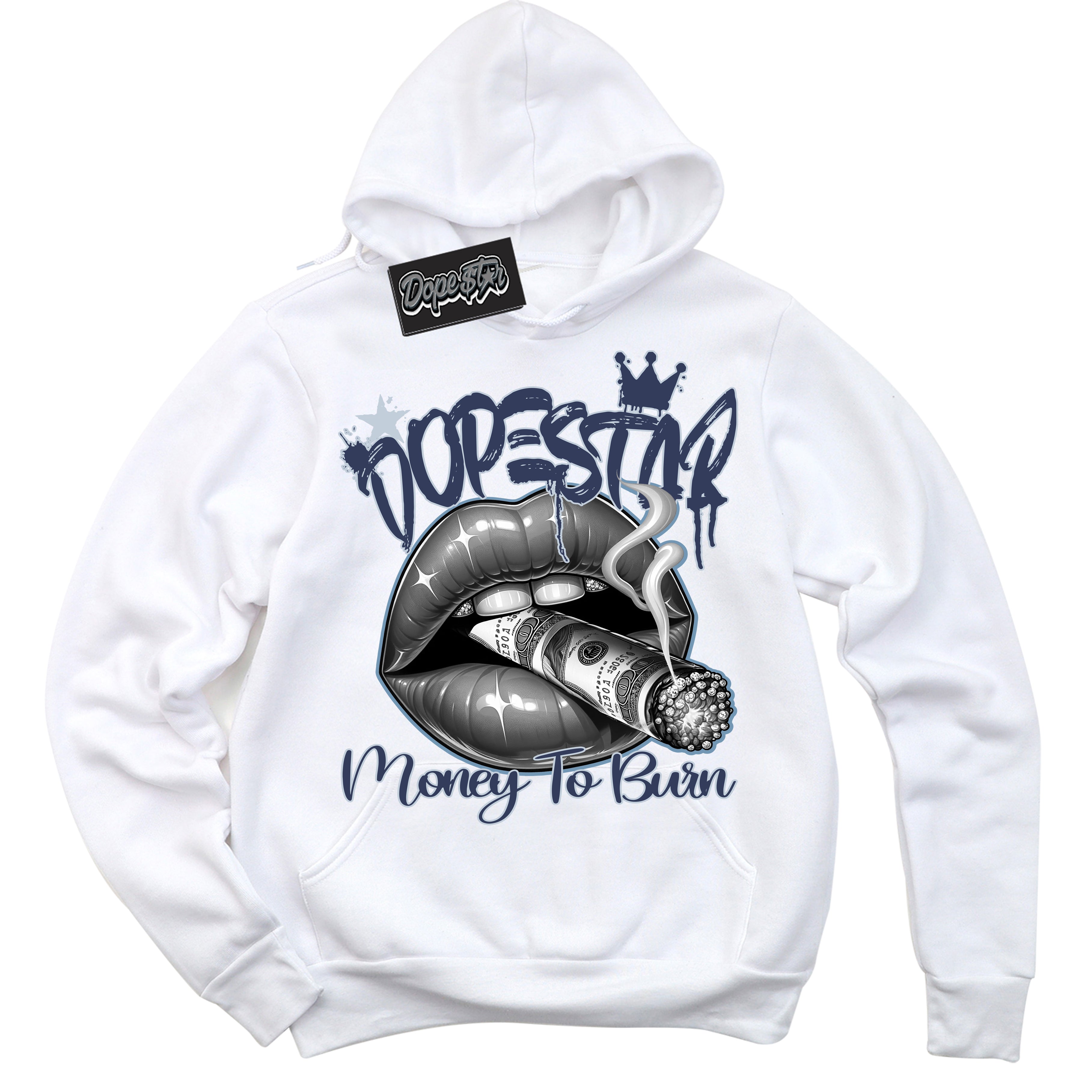 Cool White Hoodie with “ Money To Burn ”  design that Perfectly Matches Midnight Navy 5s Sneakers.