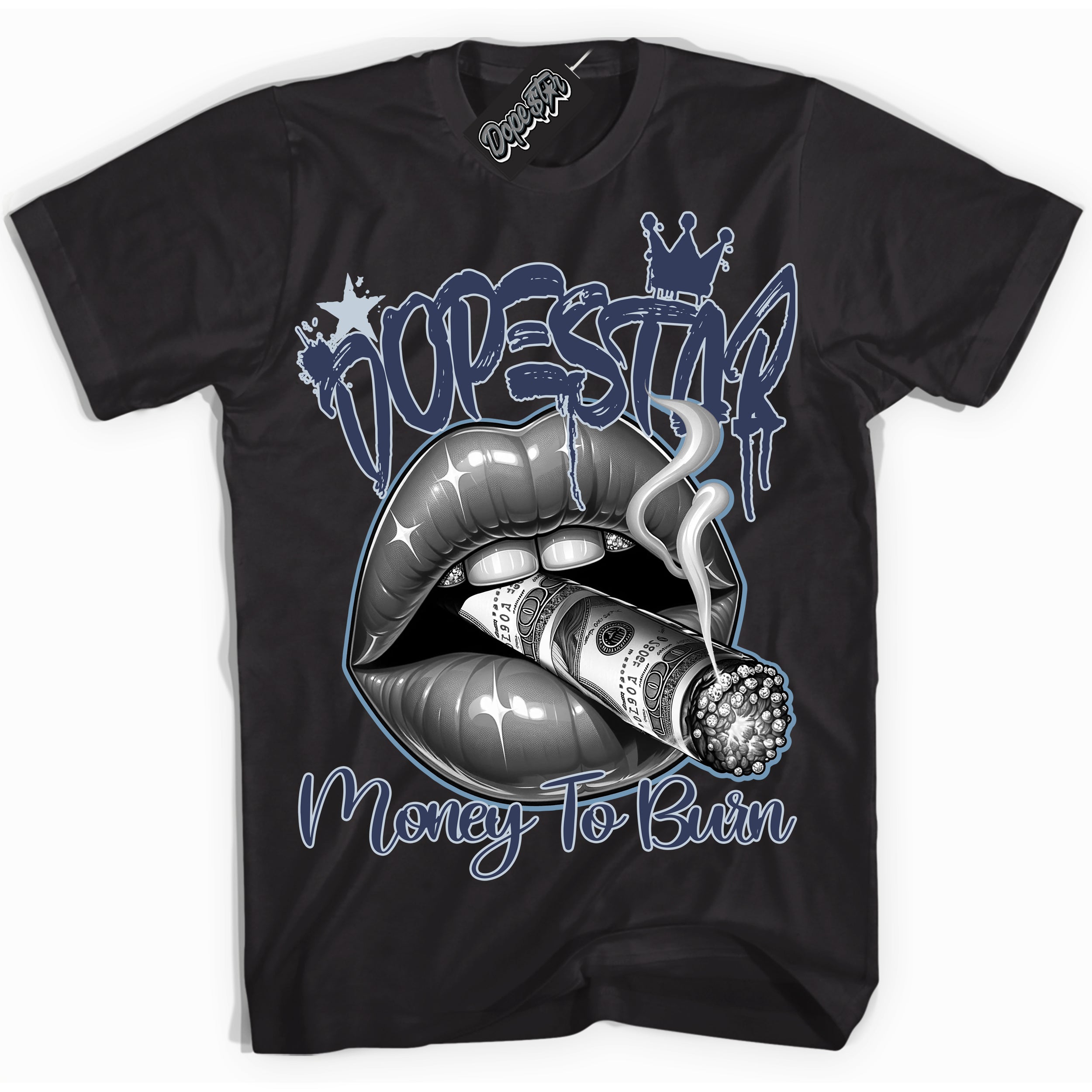 Cool Black Shirt with “ Money To Burn” design that perfectly matches Midnight Navy 5s Sneakers.