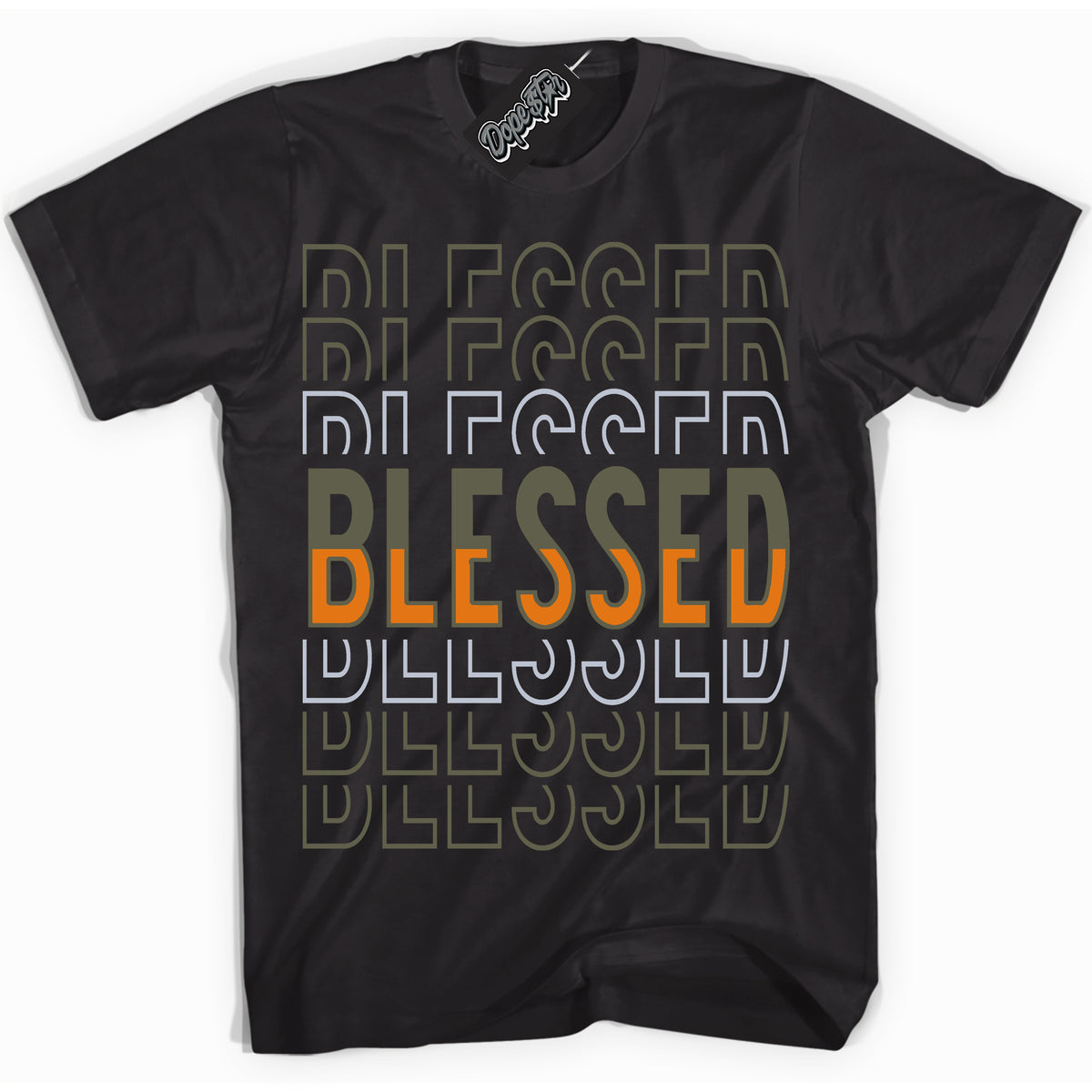 Cool Black Shirt with “ Blessed Stacked” design that perfectly matches Olive 5s Sneakers.