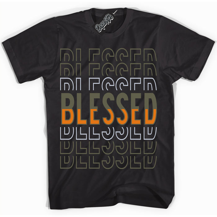 Cool Black Shirt with “ Blessed Stacked” design that perfectly matches Olive 5s Sneakers.