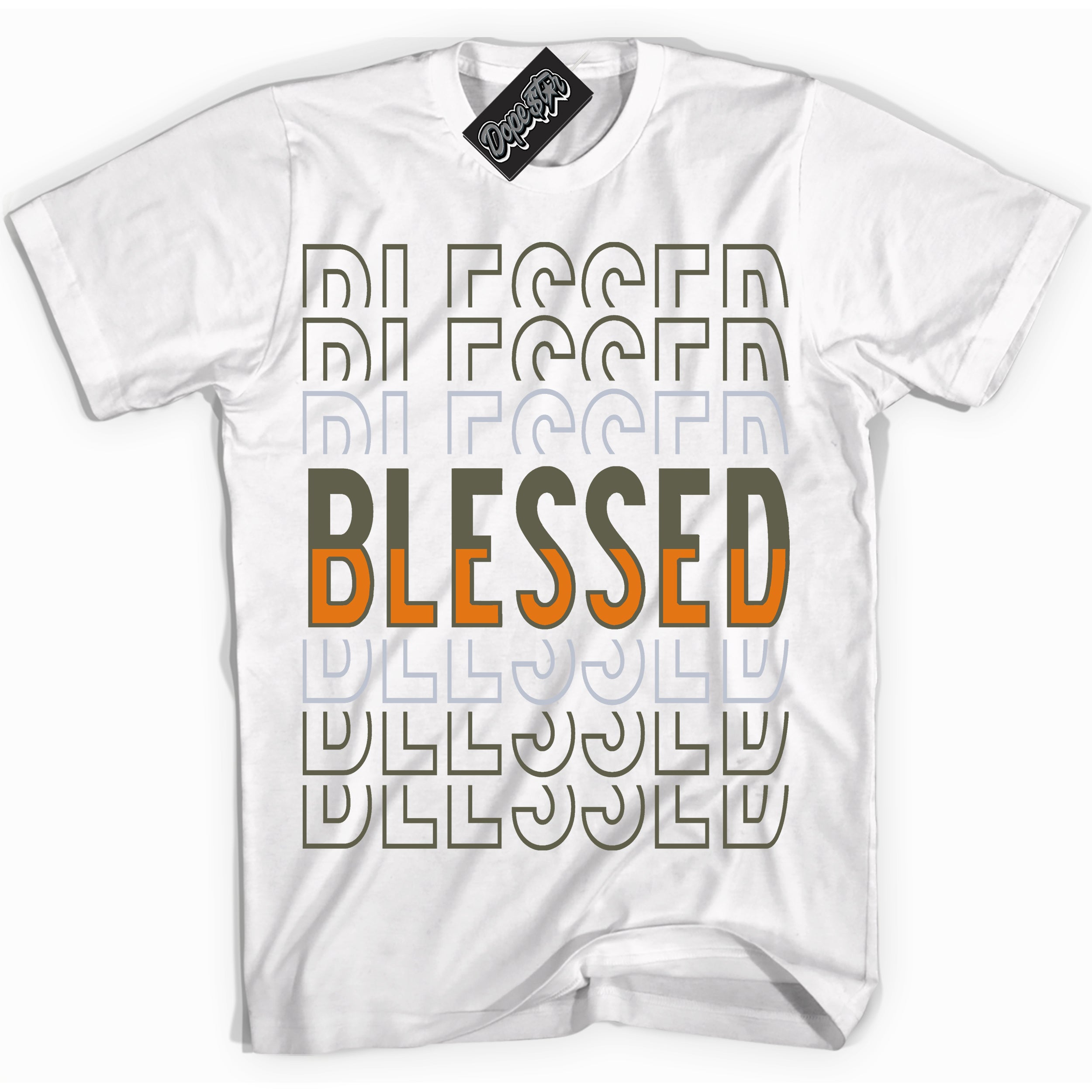 Cool White Shirt with “ Blessed Stacked” design that perfectly matches Olive 5s Sneakers.