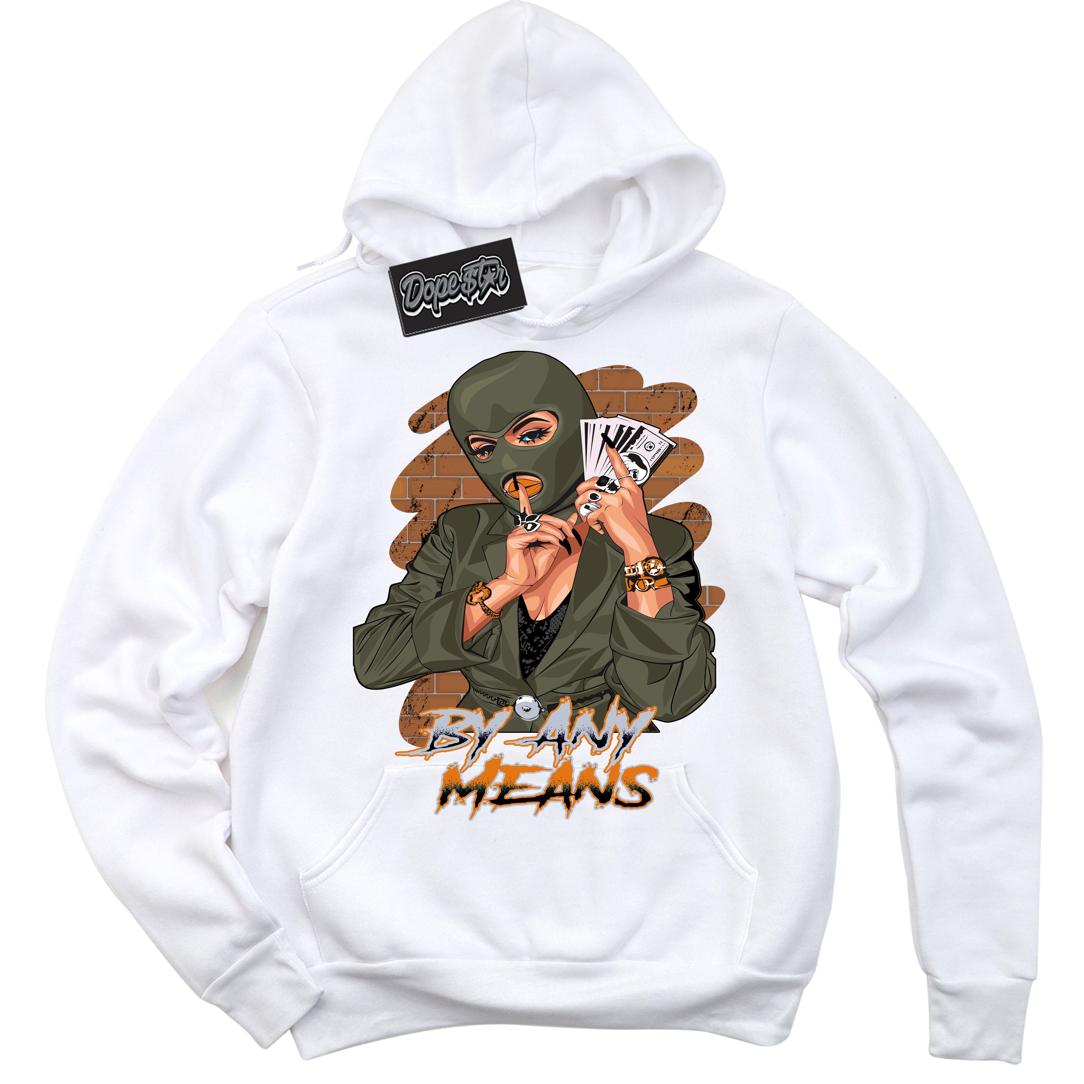 Cool White Hoodie with “ By Any Means ”  design that Perfectly Matches Olive 5s Sneakers.