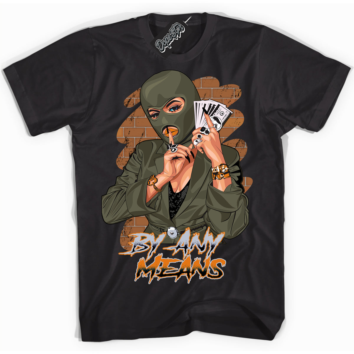 Cool Black Shirt with “ By Any Means” design that perfectly matches Olive 5s Sneakers.