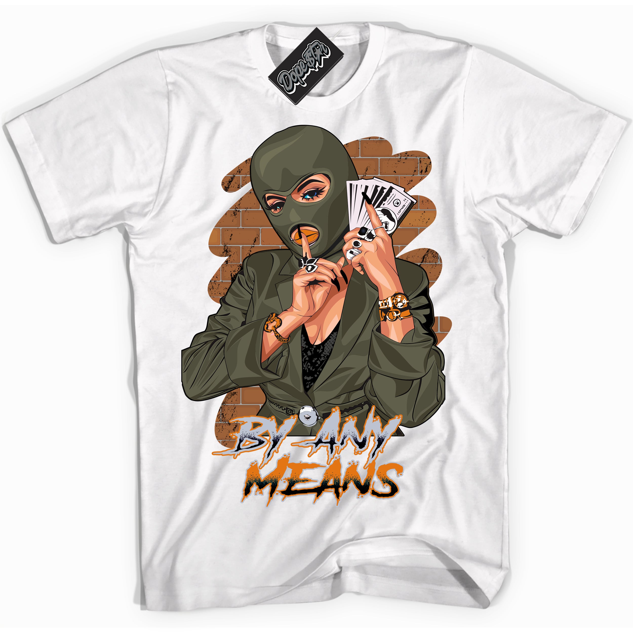 Cool White Shirt with “ By Any Means” design that perfectly matches Olive 5s Sneakers.