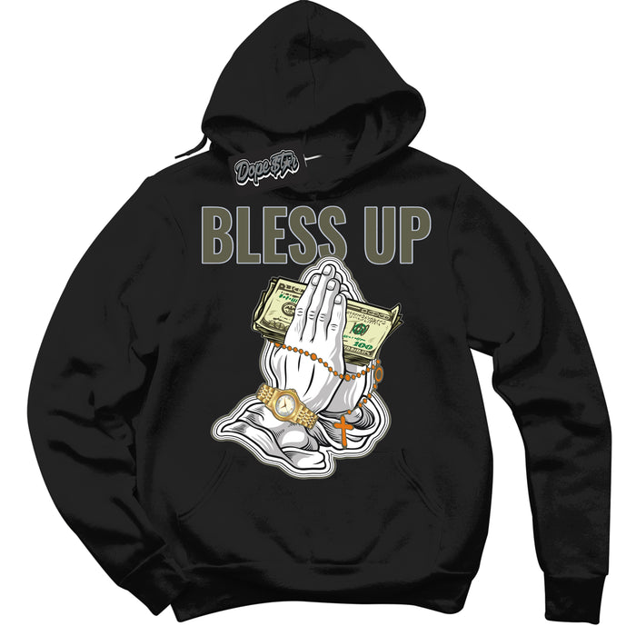 Cool Black Hoodie with “ Bless Up ”  design that Perfectly Matches Olive 5s Sneakers.