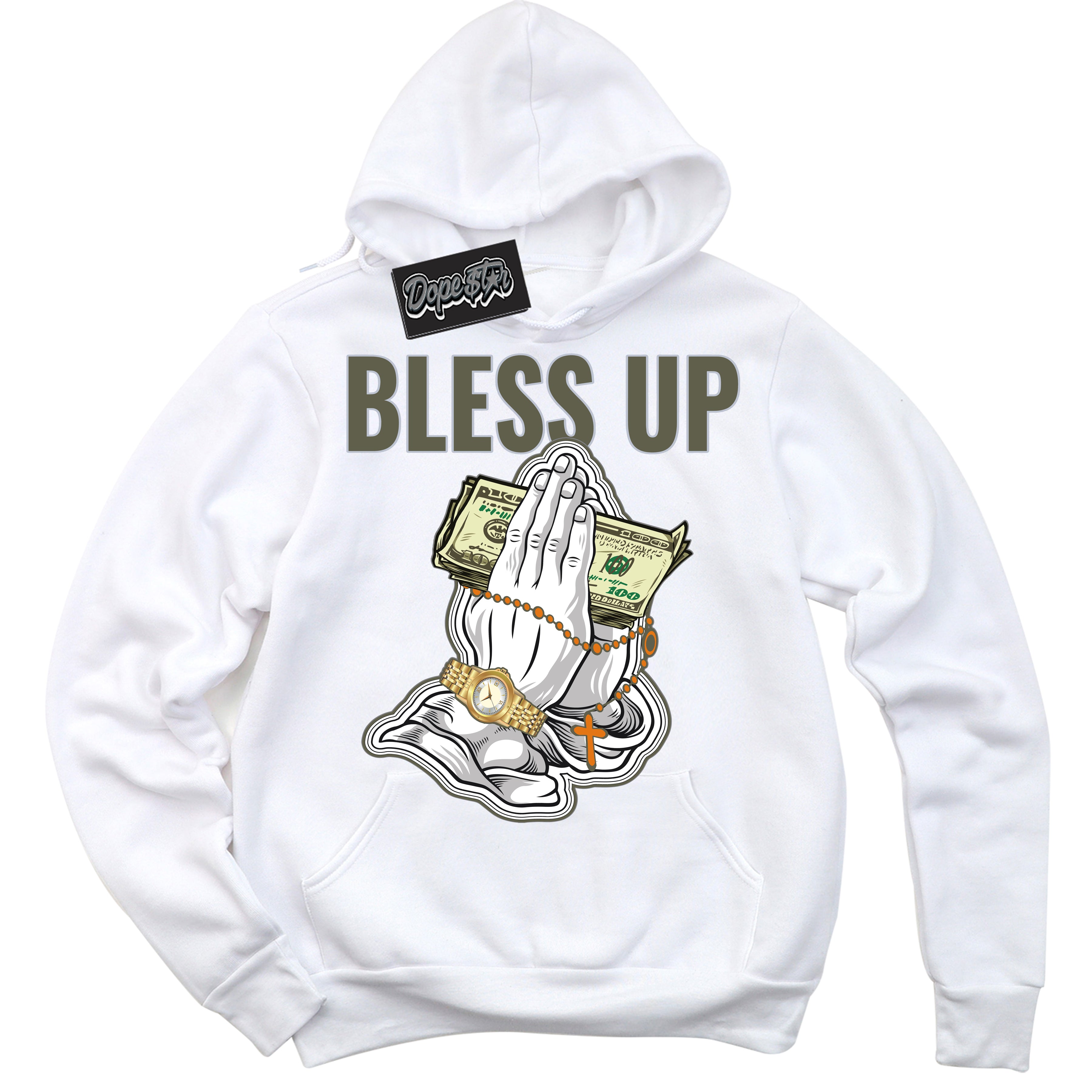 Cool White Hoodie with “ Bless Up ”  design that Perfectly Matches Olive 5s Sneakers.