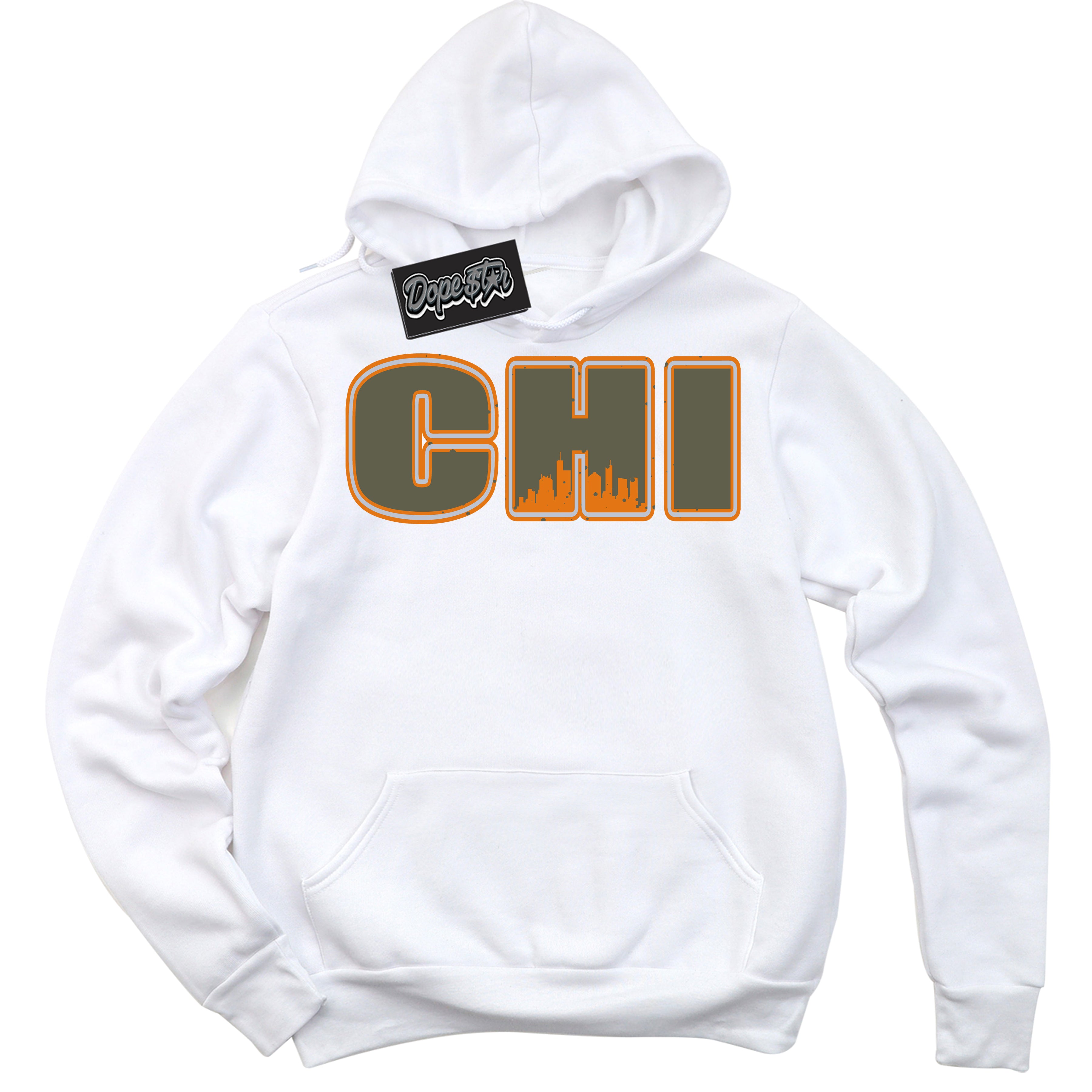 Cool White Hoodie with “ Chicago ”  design that Perfectly Matches Olive 5s Sneakers.