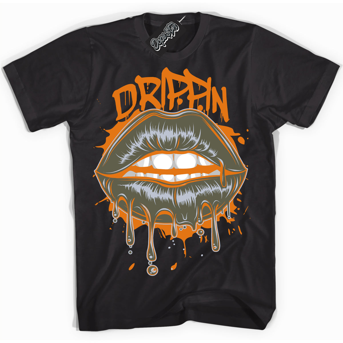 Cool Black Shirt with “ Drippin” design that perfectly matches Olive 5s Sneakers.