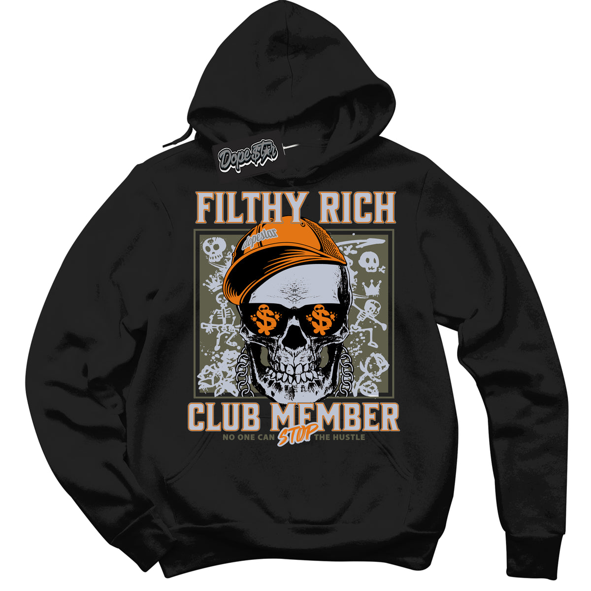 Cool Black Hoodie with “ Filthy Rich ”  design that Perfectly Matches Olive 5s Sneakers.