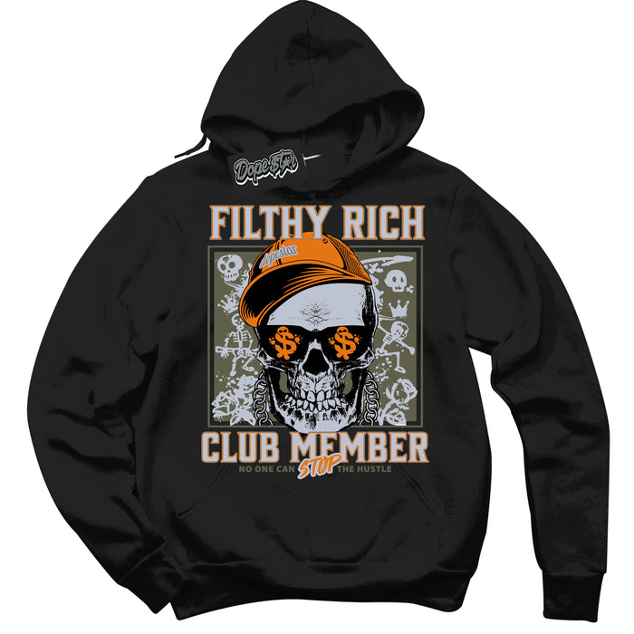 Cool Black Hoodie with “ Filthy Rich ”  design that Perfectly Matches Olive 5s Sneakers.