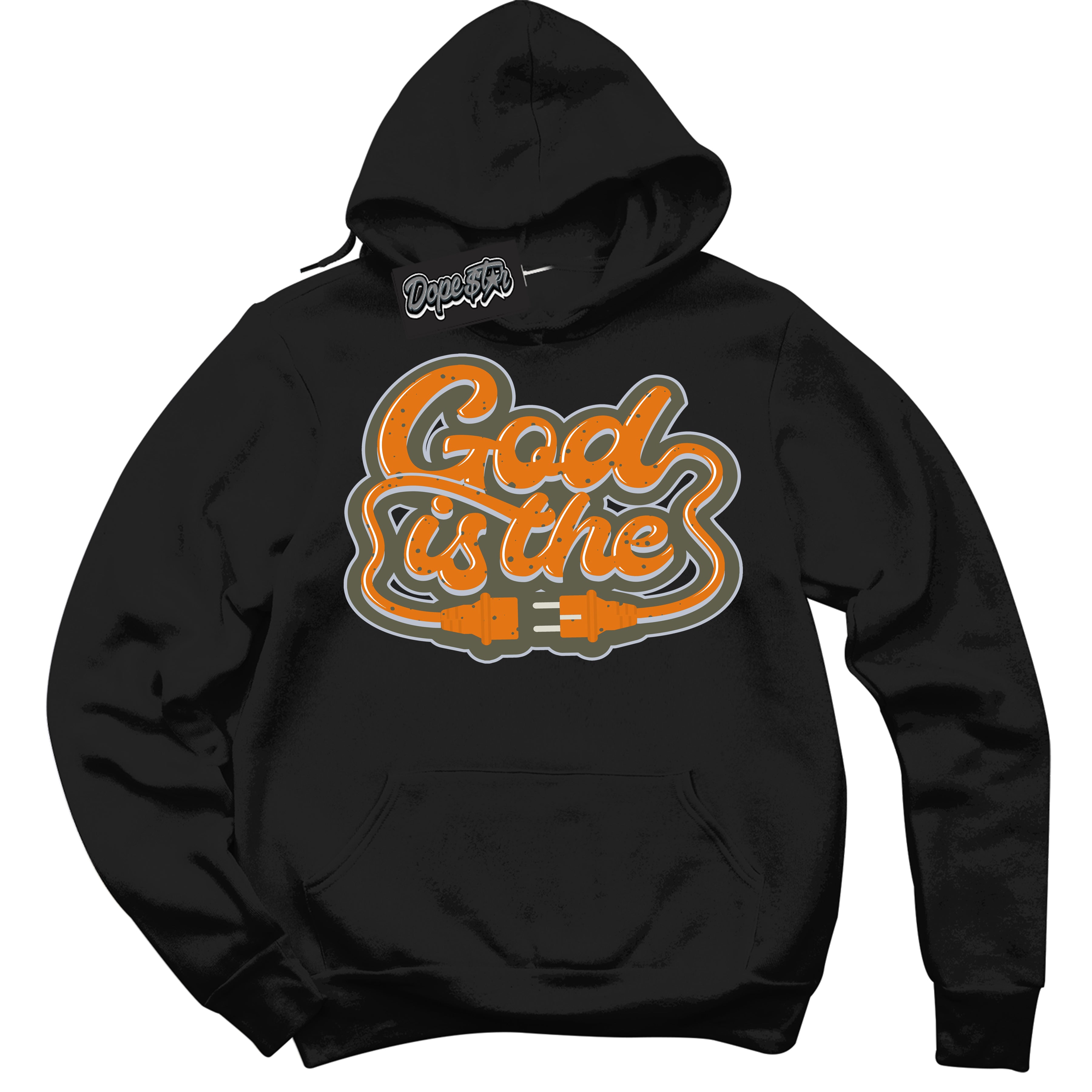 Cool Black Hoodie with “ God Is The ”  design that Perfectly Matches Olive 5s Sneakers.