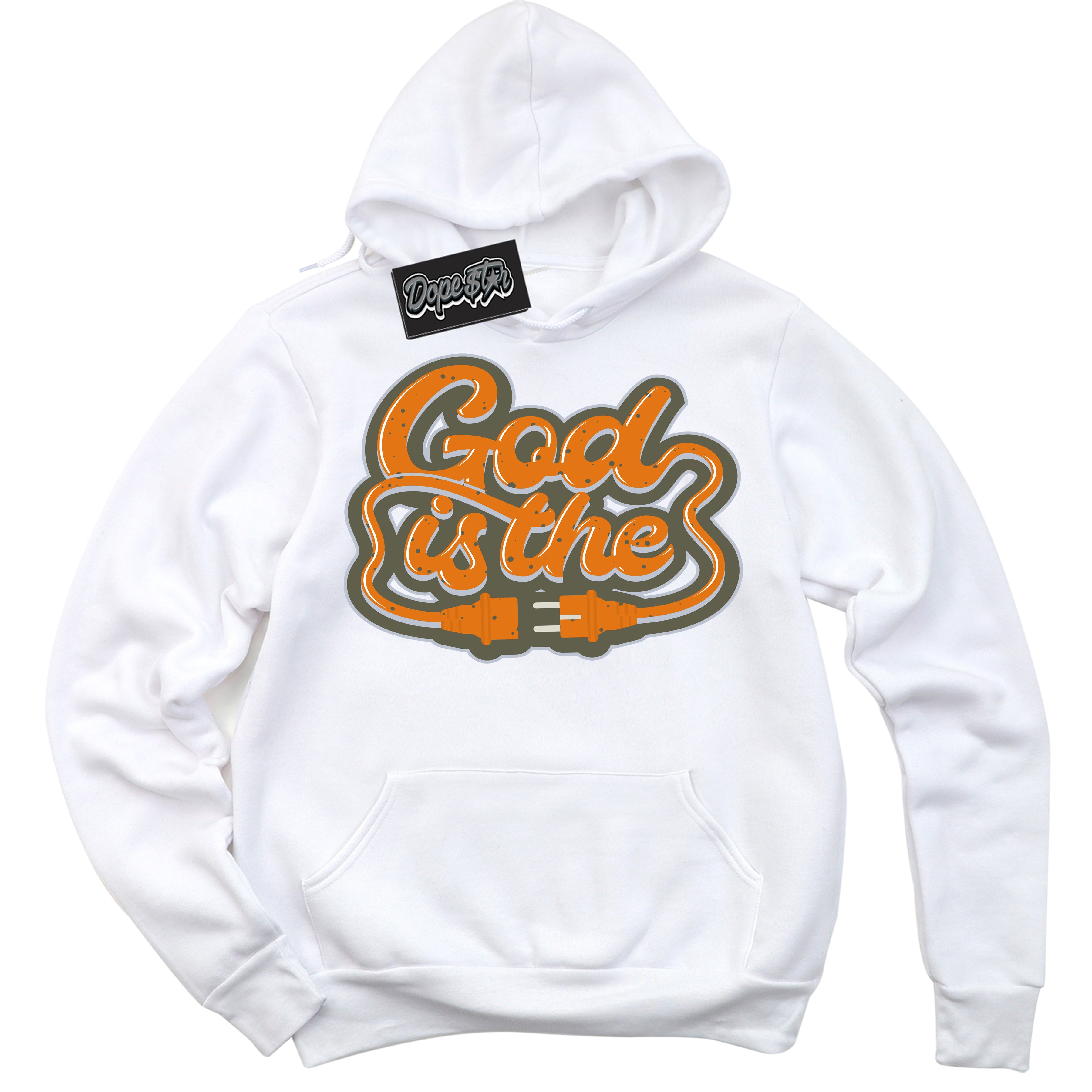Cool White Hoodie with “ God Is The ”  design that Perfectly Matches Olive 5s Sneakers.