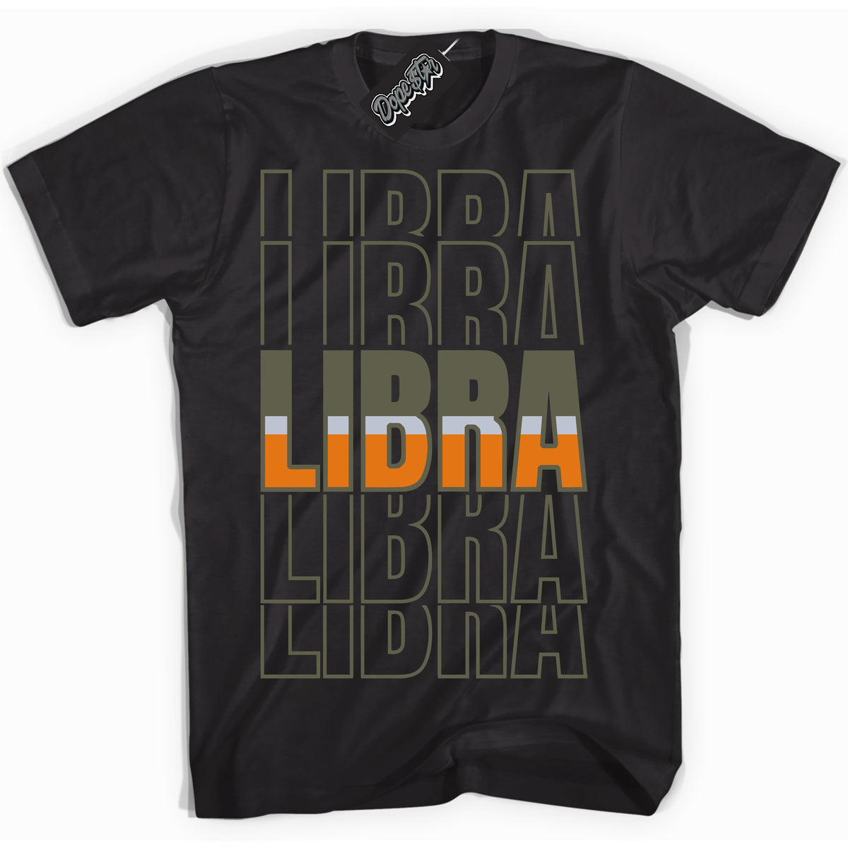Cool Black Shirt with “ Libra” design that perfectly matches Olive 5s Sneakers.
