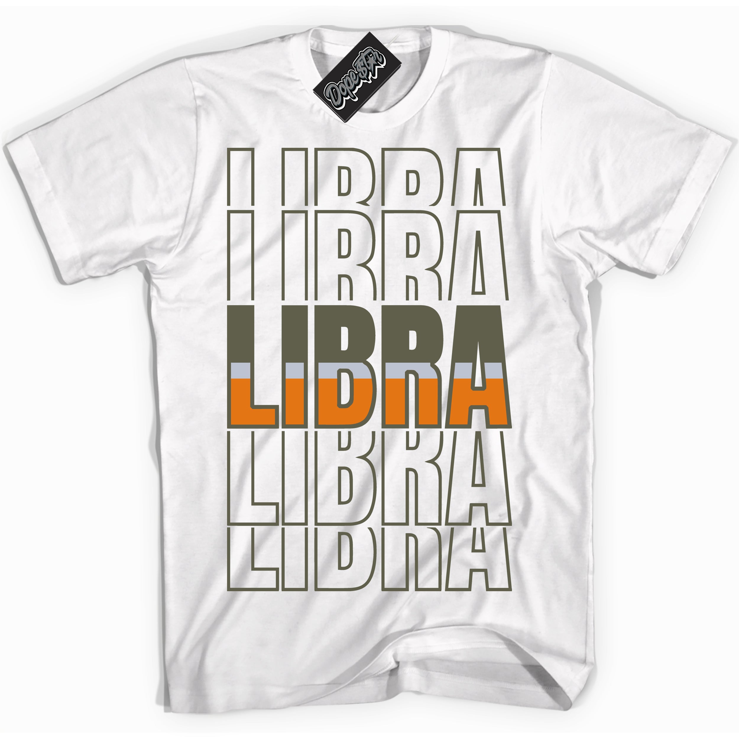 Cool White Shirt with “ Libra” design that perfectly matches Olive 5s Sneakers.