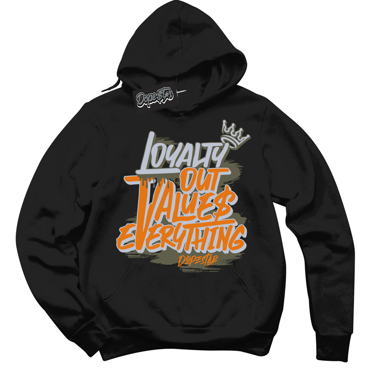 Cool Black Hoodie with “ Loyalty Out Values Everything ”  design that Perfectly Matches  Olive 5s Sneakers.