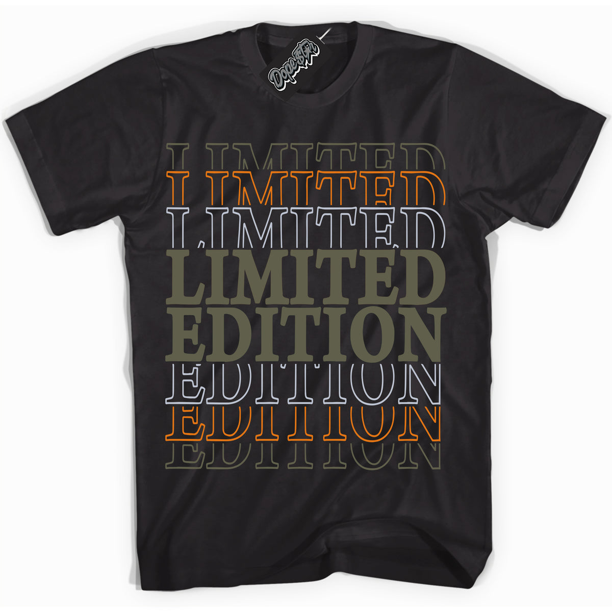 Cool Black Shirt with “ Limited Edition” design that perfectly matches Olive 5s Sneakers.