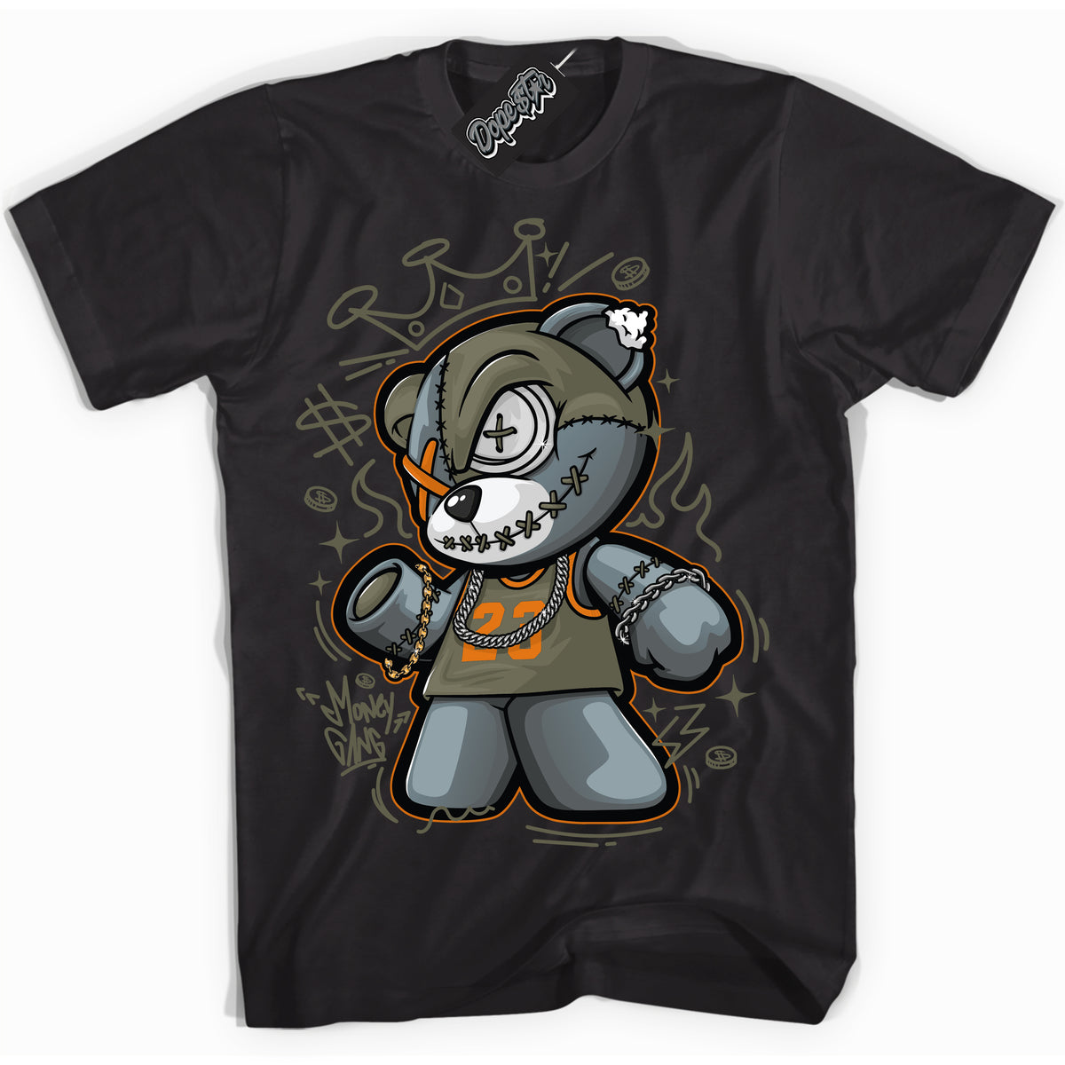 Cool Black Shirt with “ Money Gang Bear” design that perfectly matches Olive 5s Sneakers.