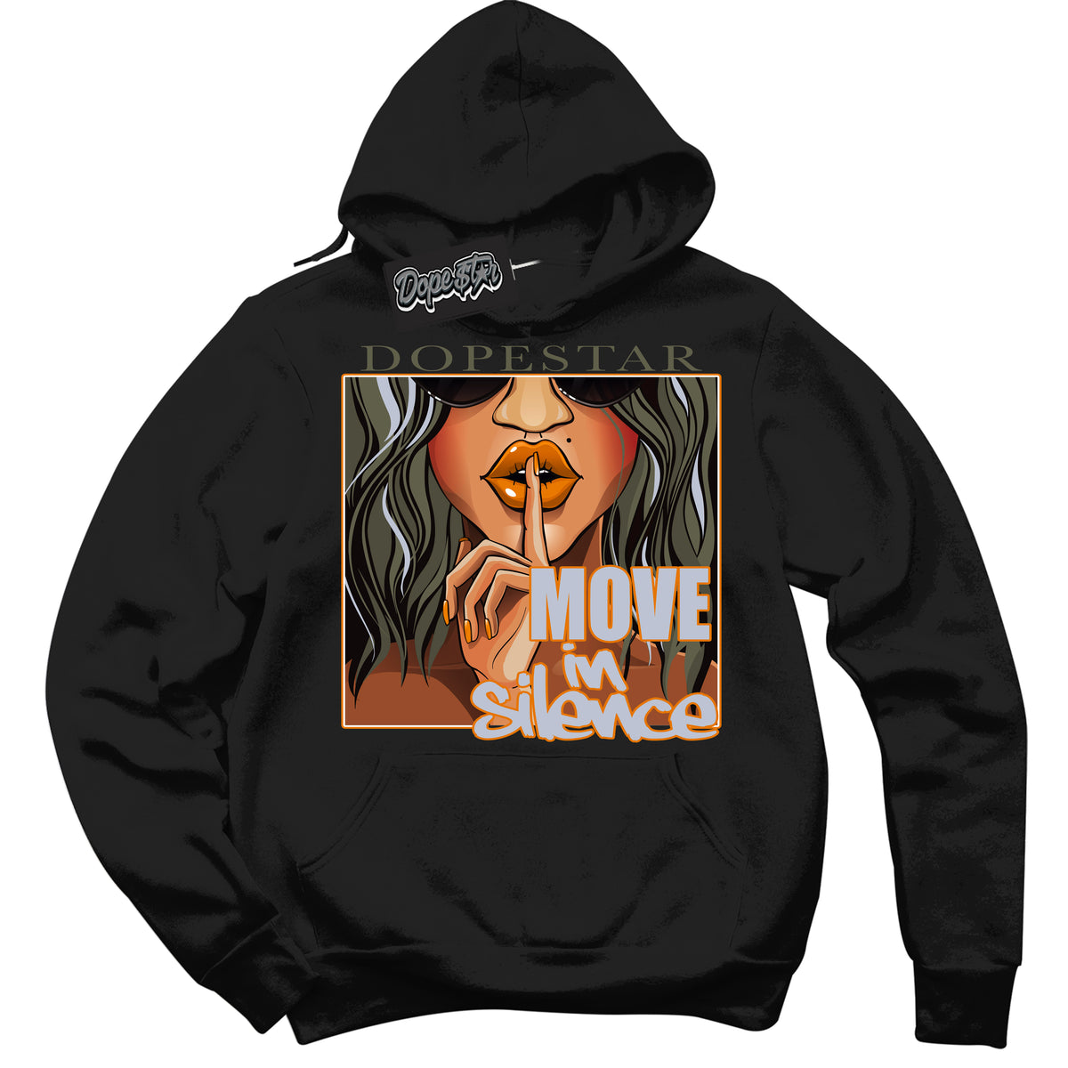Cool Black Hoodie with “ Move In Silence ”  design that Perfectly Matches Olive 5s Sneakers.