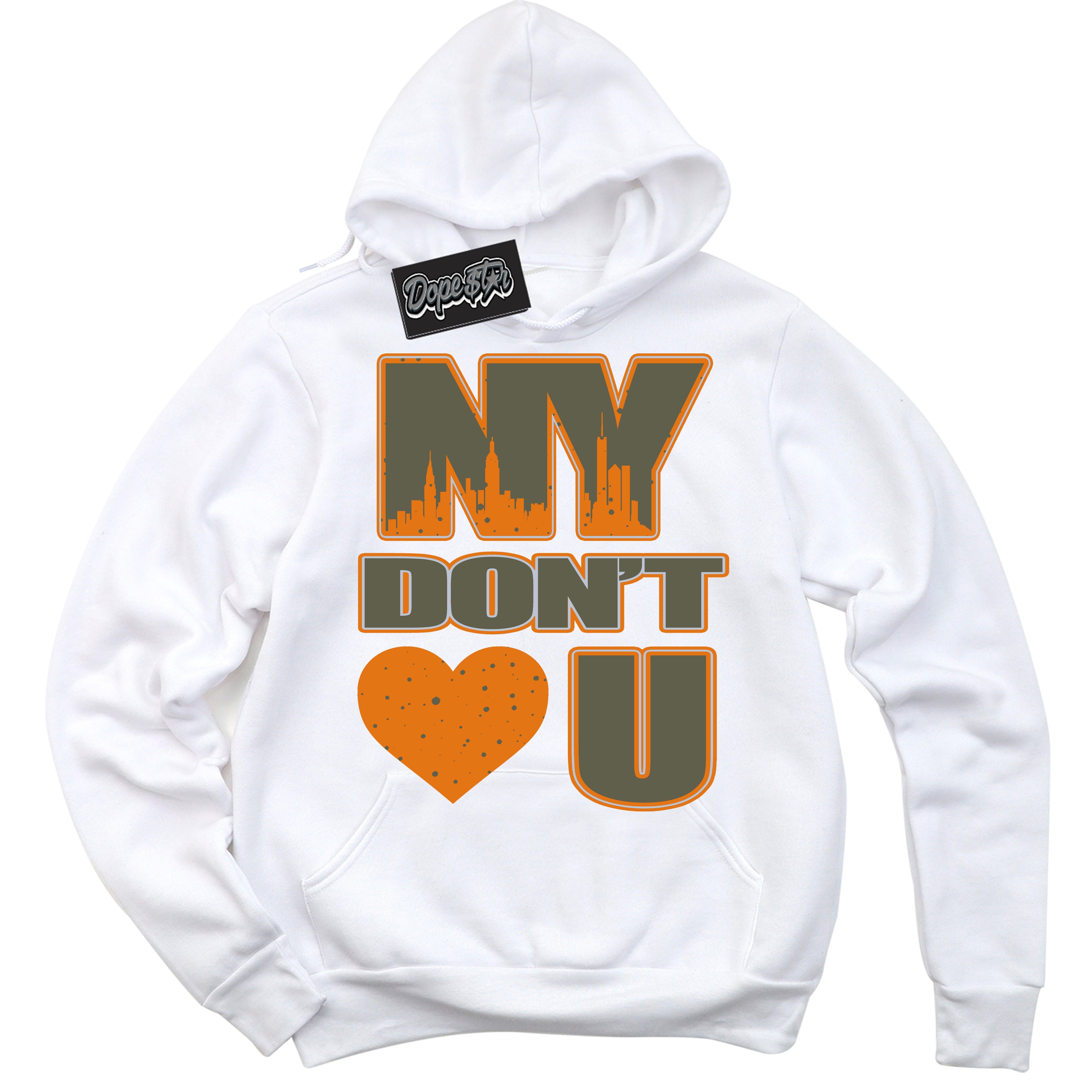 Cool White Hoodie with “ NY Don't Love You ”  design that Perfectly Matches Olive 5s Sneakers.