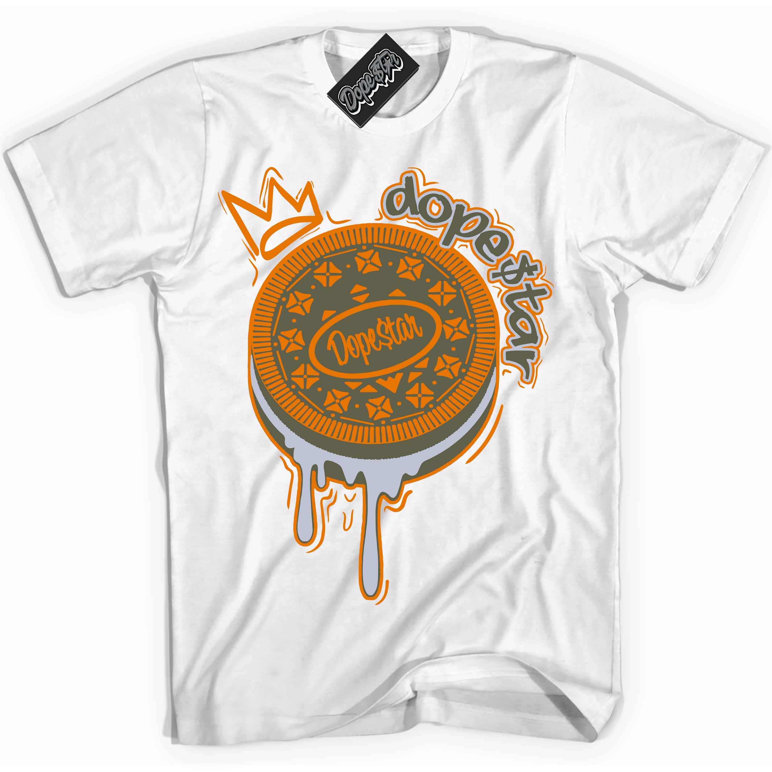 Cool White Shirt with “ Oreo DS” design that perfectly matches Olive 5s Sneakers.