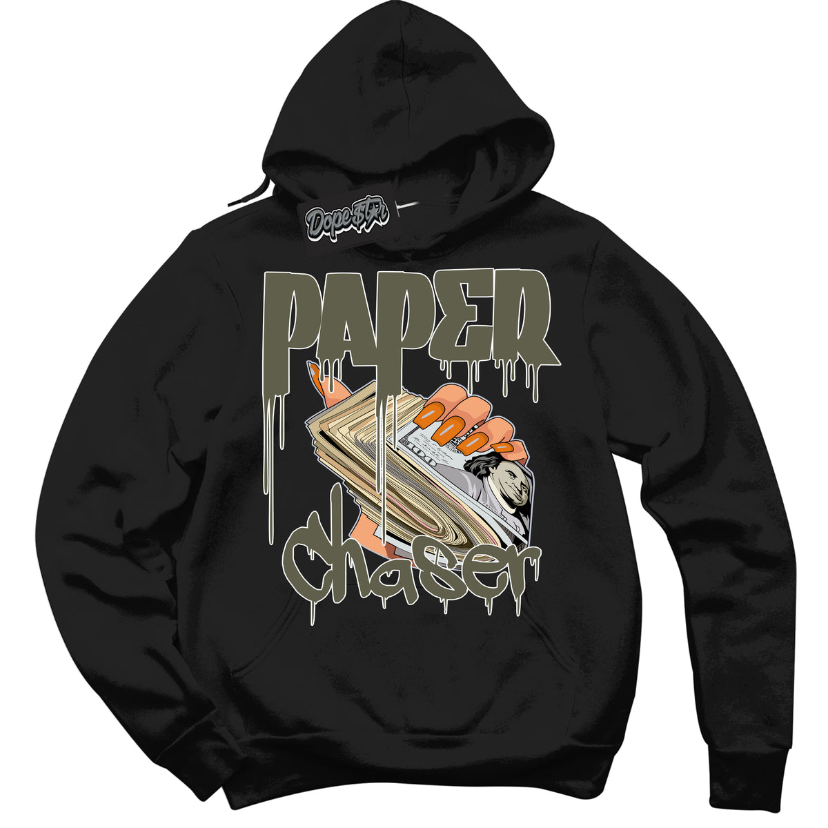 Cool Black Hoodie with “ Paper Chaser ”  design that Perfectly Matches Olive 5s Sneakers.