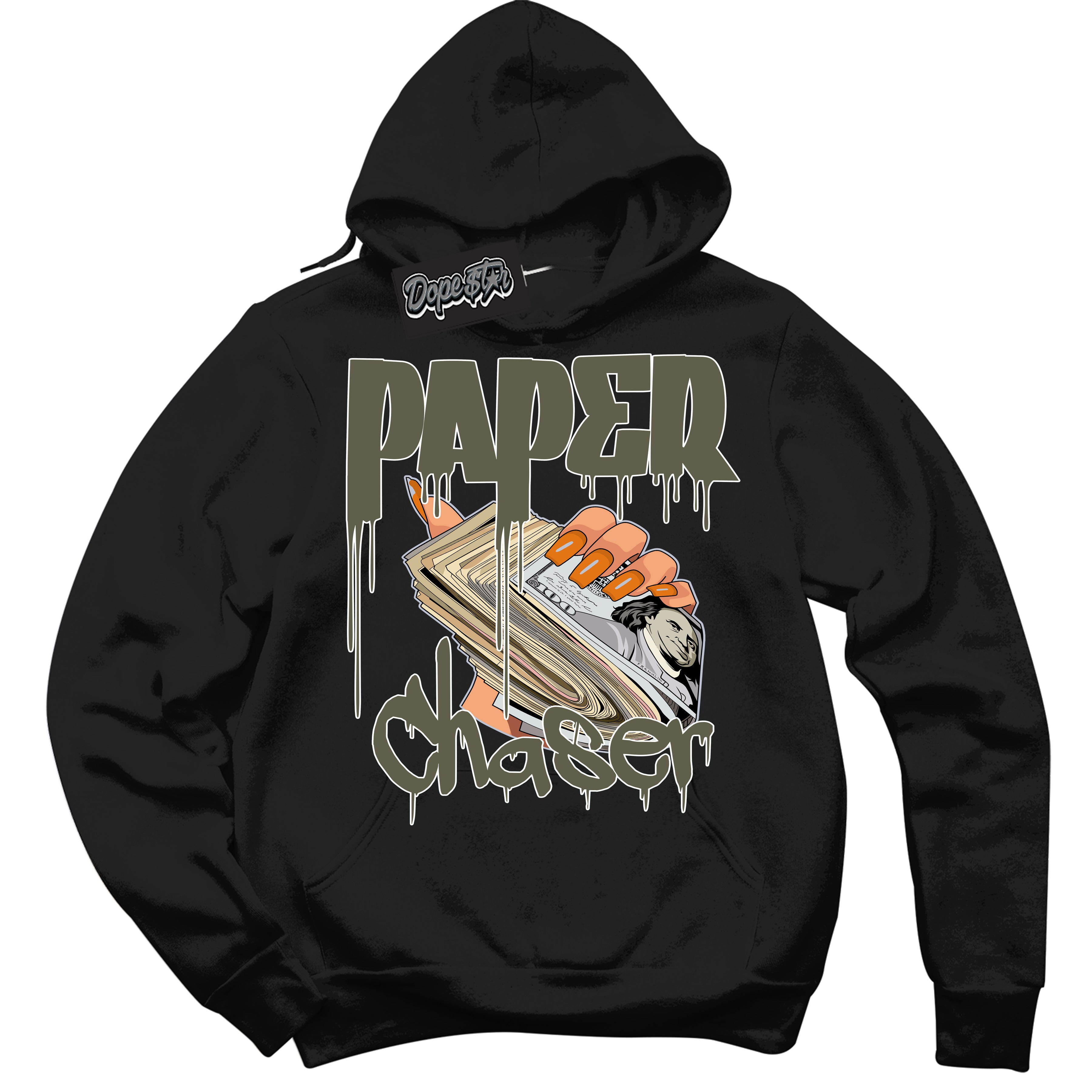 Cool Black Hoodie with “ Paper Chaser ”  design that Perfectly Matches Olive 5s Sneakers.