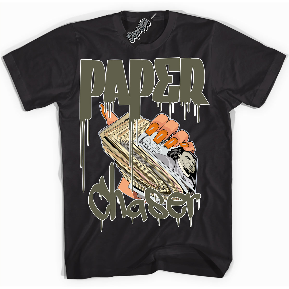 Cool Black Shirt with “ Paper Chaser” design that perfectly matches Olive 5s Sneakers.