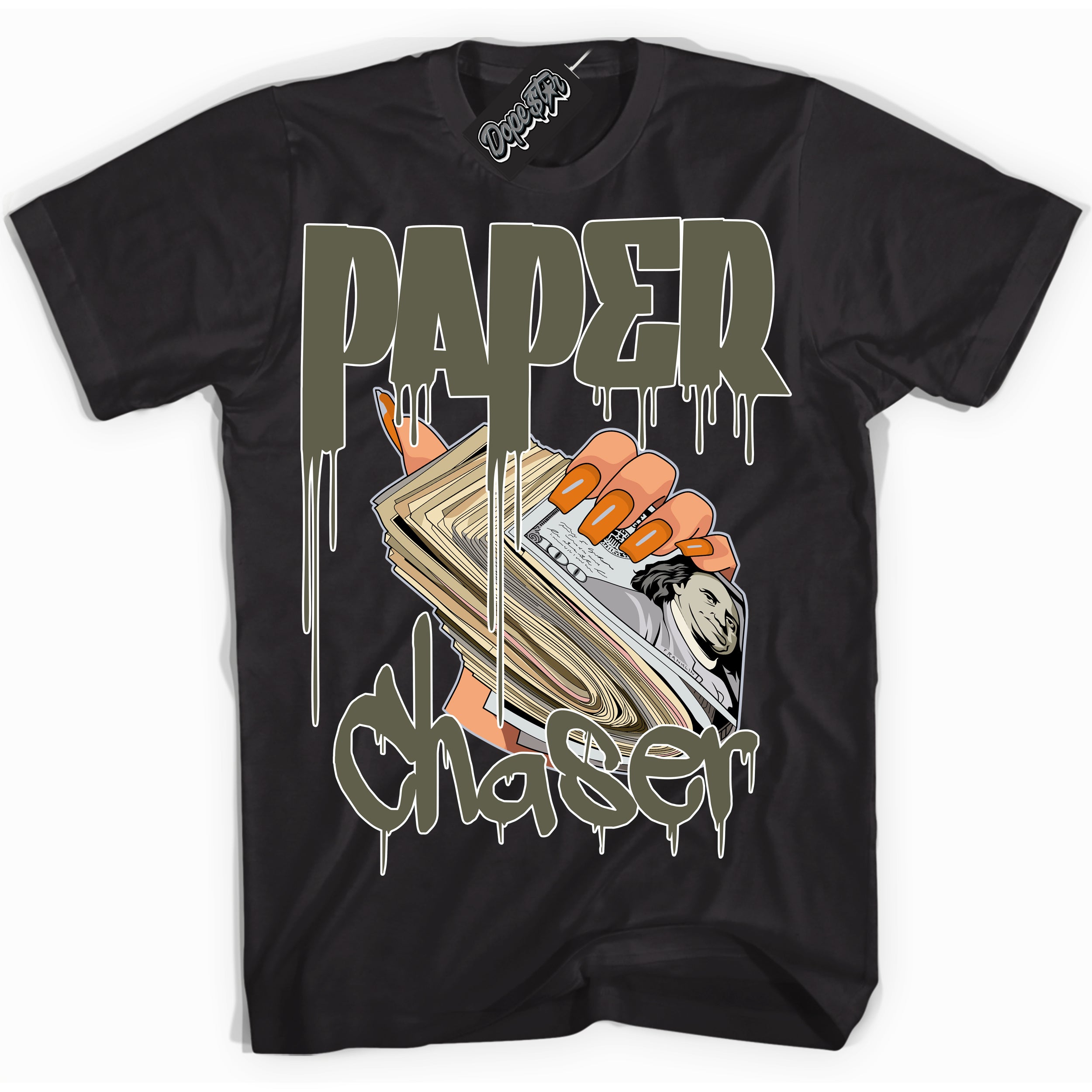 Cool Black Shirt with “ Paper Chaser” design that perfectly matches Olive 5s Sneakers.