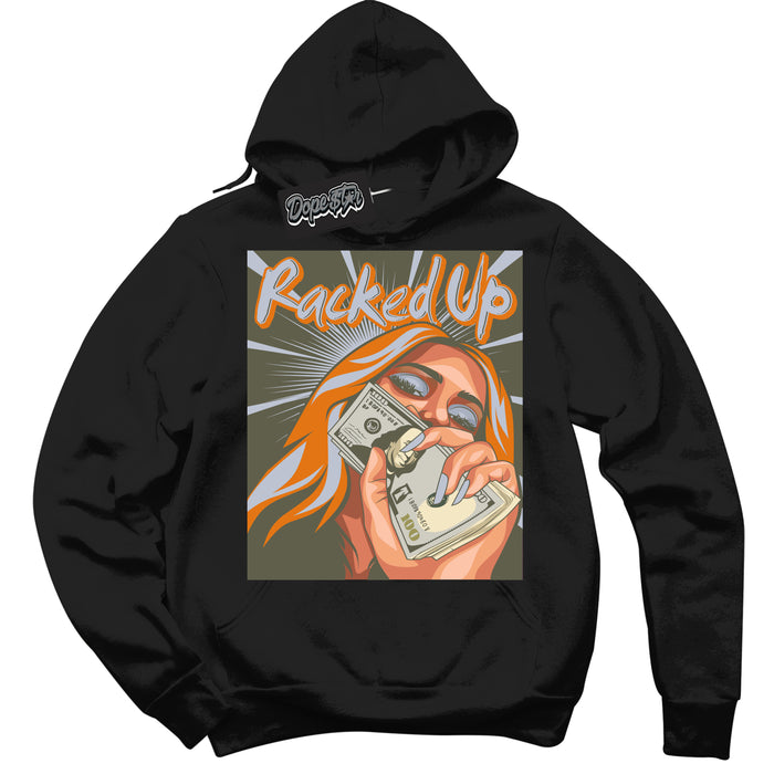 Cool Black Hoodie with “ Racked Up ”  design that Perfectly Matches Olive 5s Sneakers.