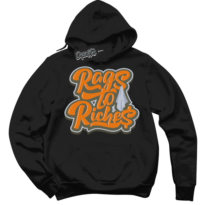 Cool Black Hoodie with “ Rags To Riches ”  design that Perfectly Matches Olive 5s Sneakers.