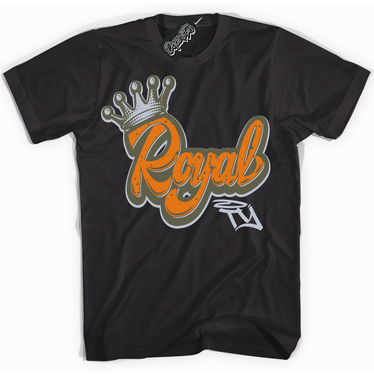 Cool Black Shirt with “ Royalty” design that perfectly matches Olive 5s Sneakers.