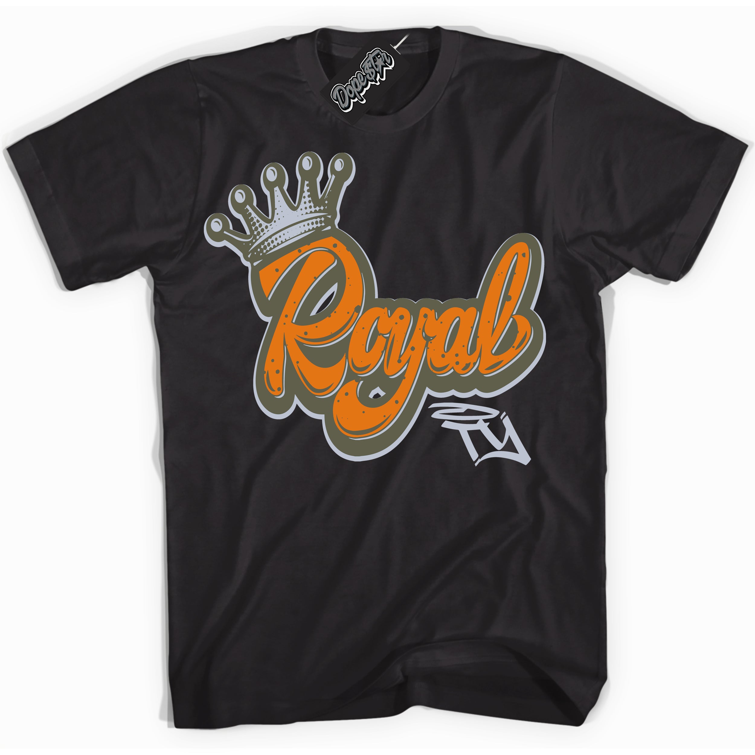 Cool Black Shirt with “ Royalty” design that perfectly matches Olive 5s Sneakers.