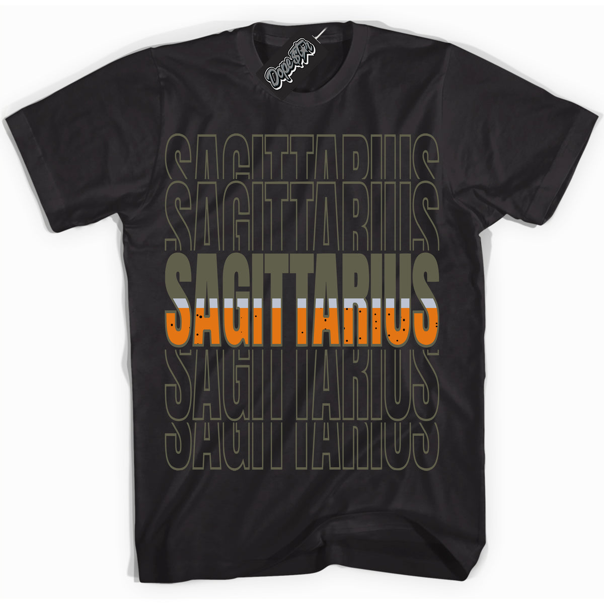 Cool Black Shirt with “ Sagittarius” design that perfectly matches Olive 5s Sneakers.