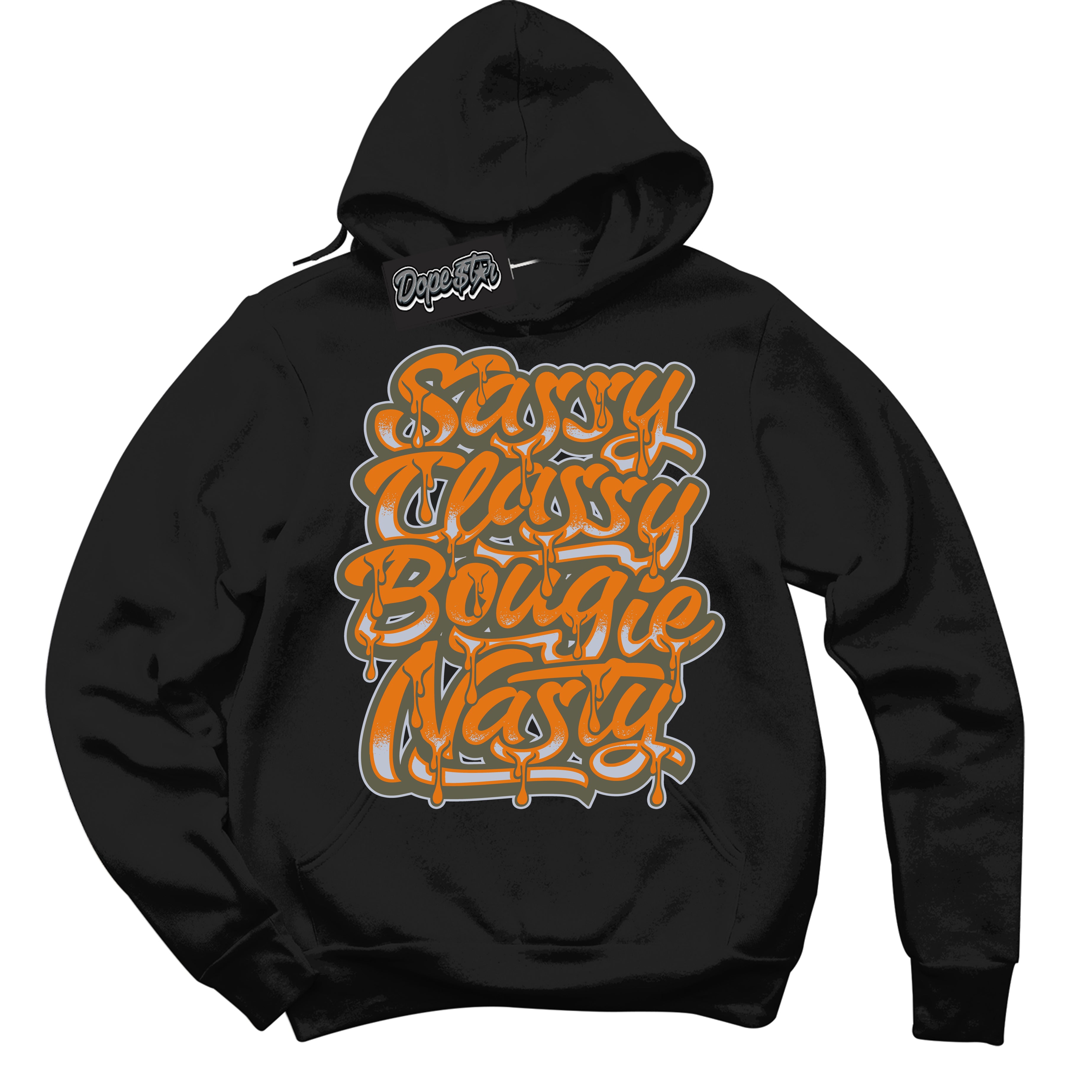 Cool Black Hoodie with “ Sassy Classy ”  design that Perfectly Matches Olive 5s Sneakers.
