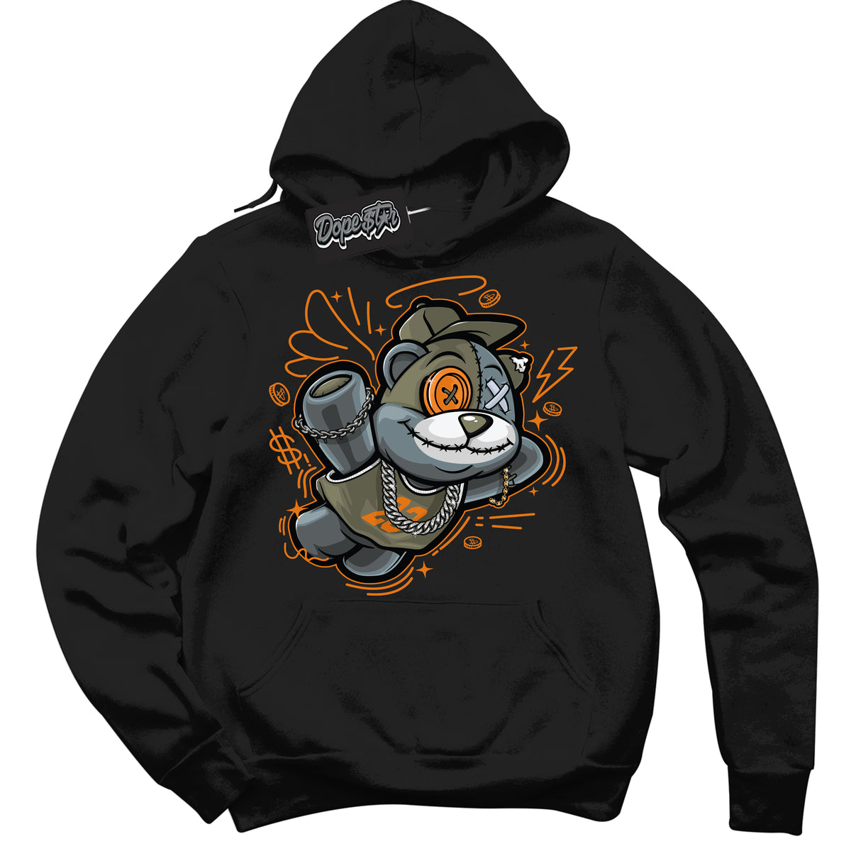 Cool Black Hoodie with “ Slam Dunk Bear ”  design that Perfectly Matches Olive 5s Sneakers.