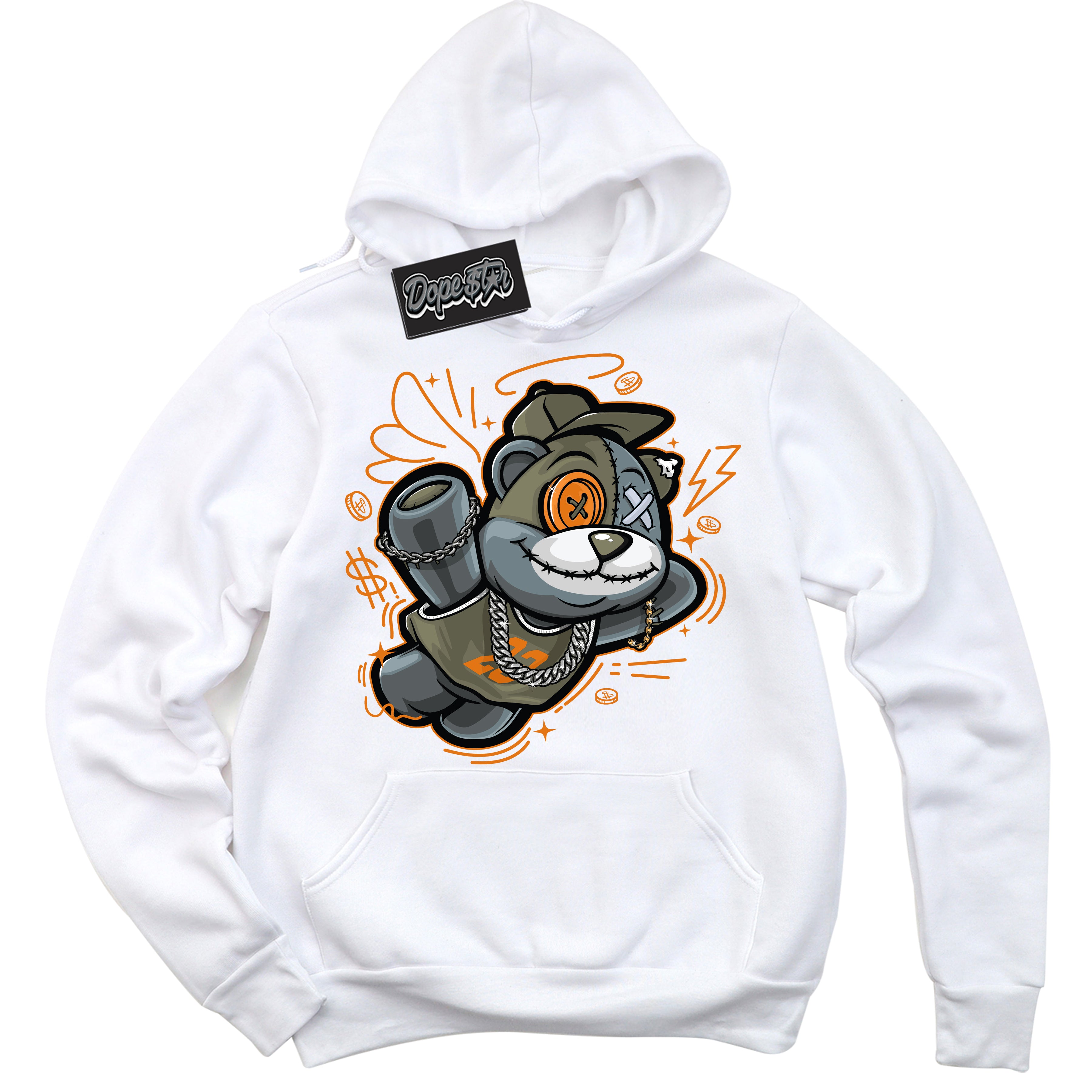 Cool White Hoodie with “ Slam Dunk Bear ”  design that Perfectly Matches Olive 5s Sneakers.